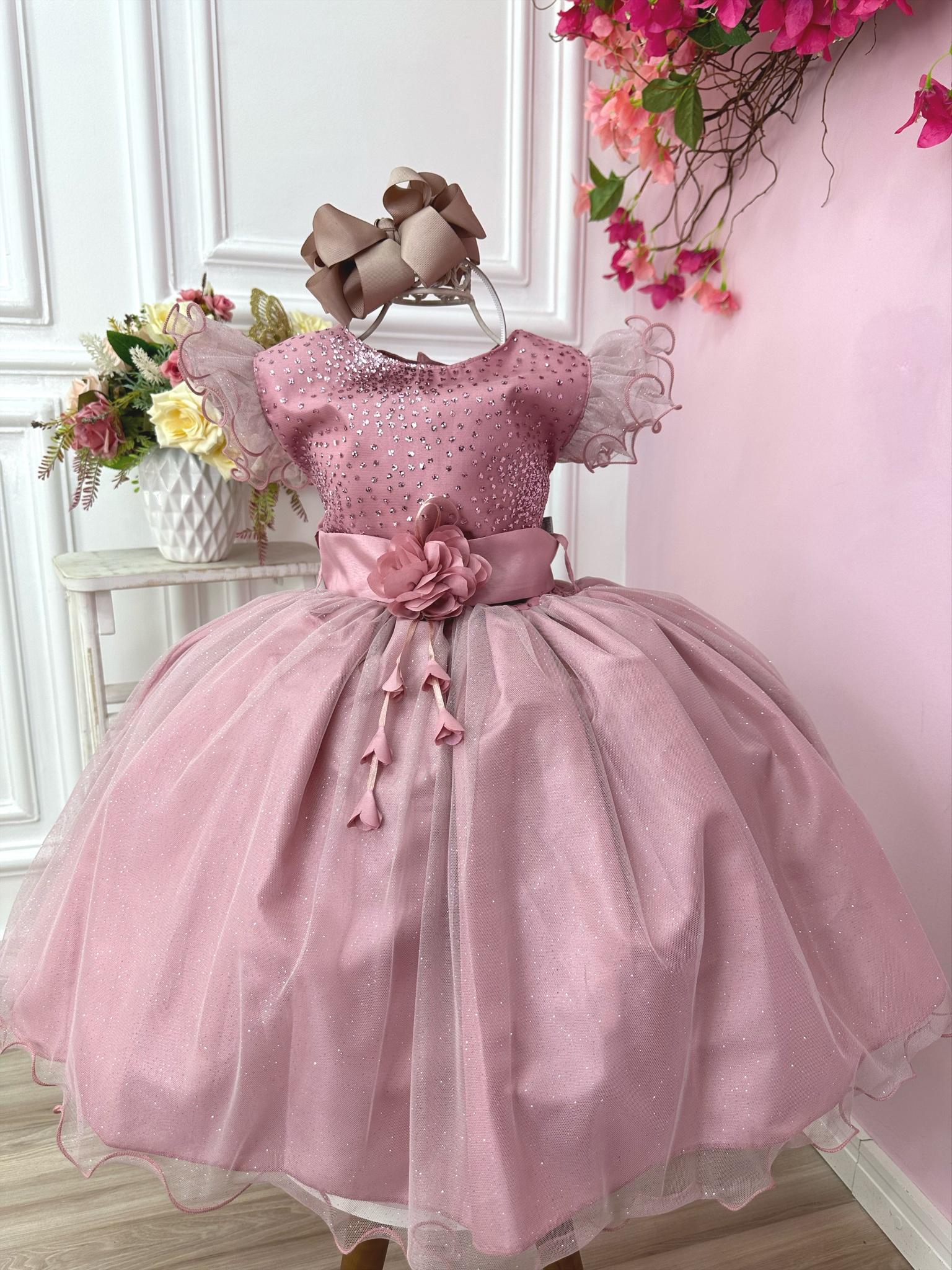 Vestido Infantil Rose Com Glitter e Broche de Flor Luxo