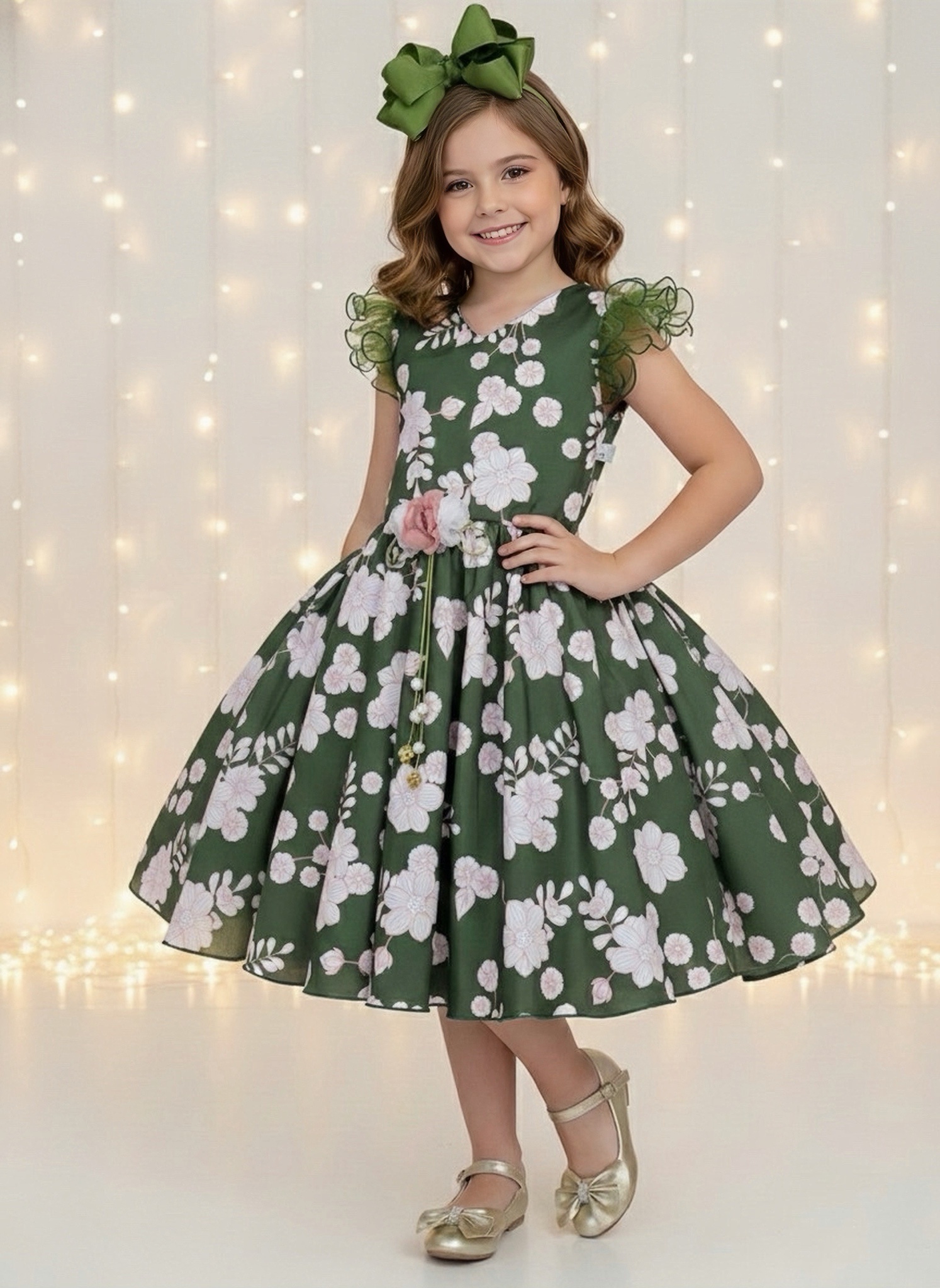Vestido Infantil Verde Florido C/ Broche Festas Natal Luxo