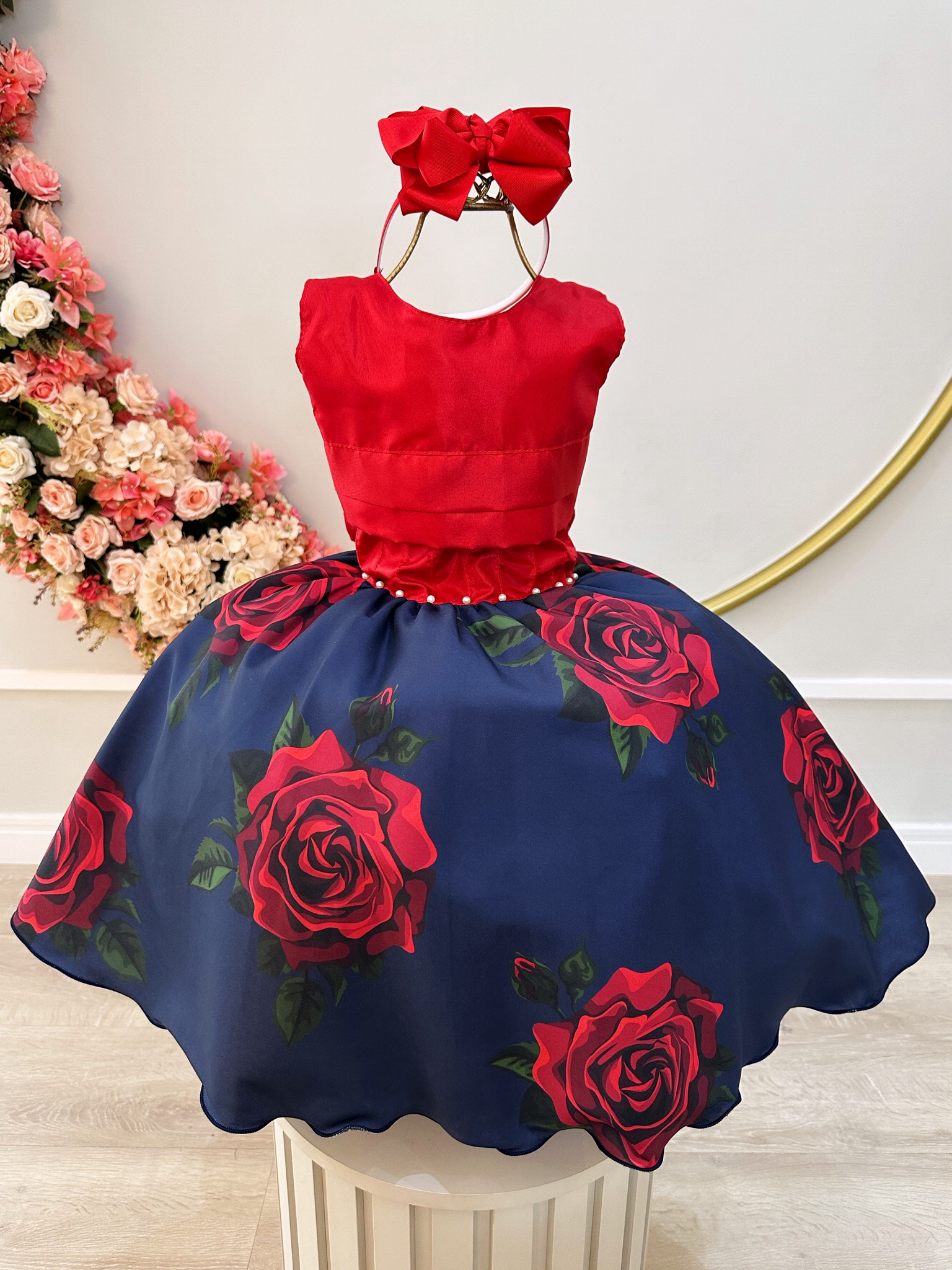 Vestido Infantil Vermelho Saia Florida Busto Plissado Festas