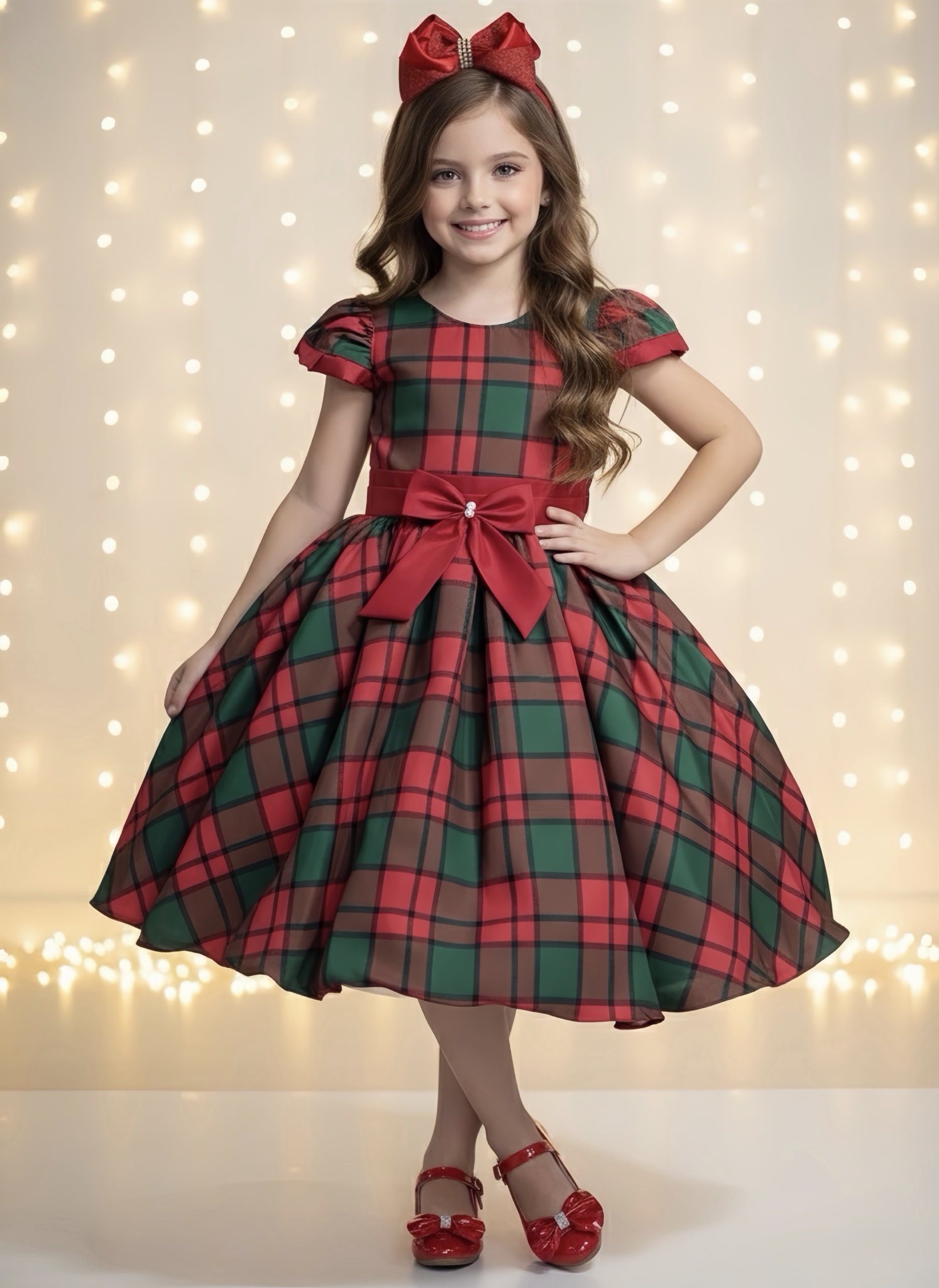 Vestido Infantil Vermelho Xadrez Colorido Festas Natal Luxo