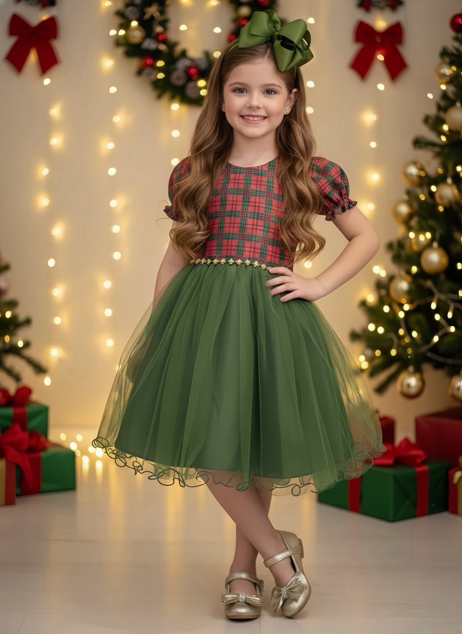 Vestido Infantil Vermelho Xadrez Verde Festas Natal Luxo