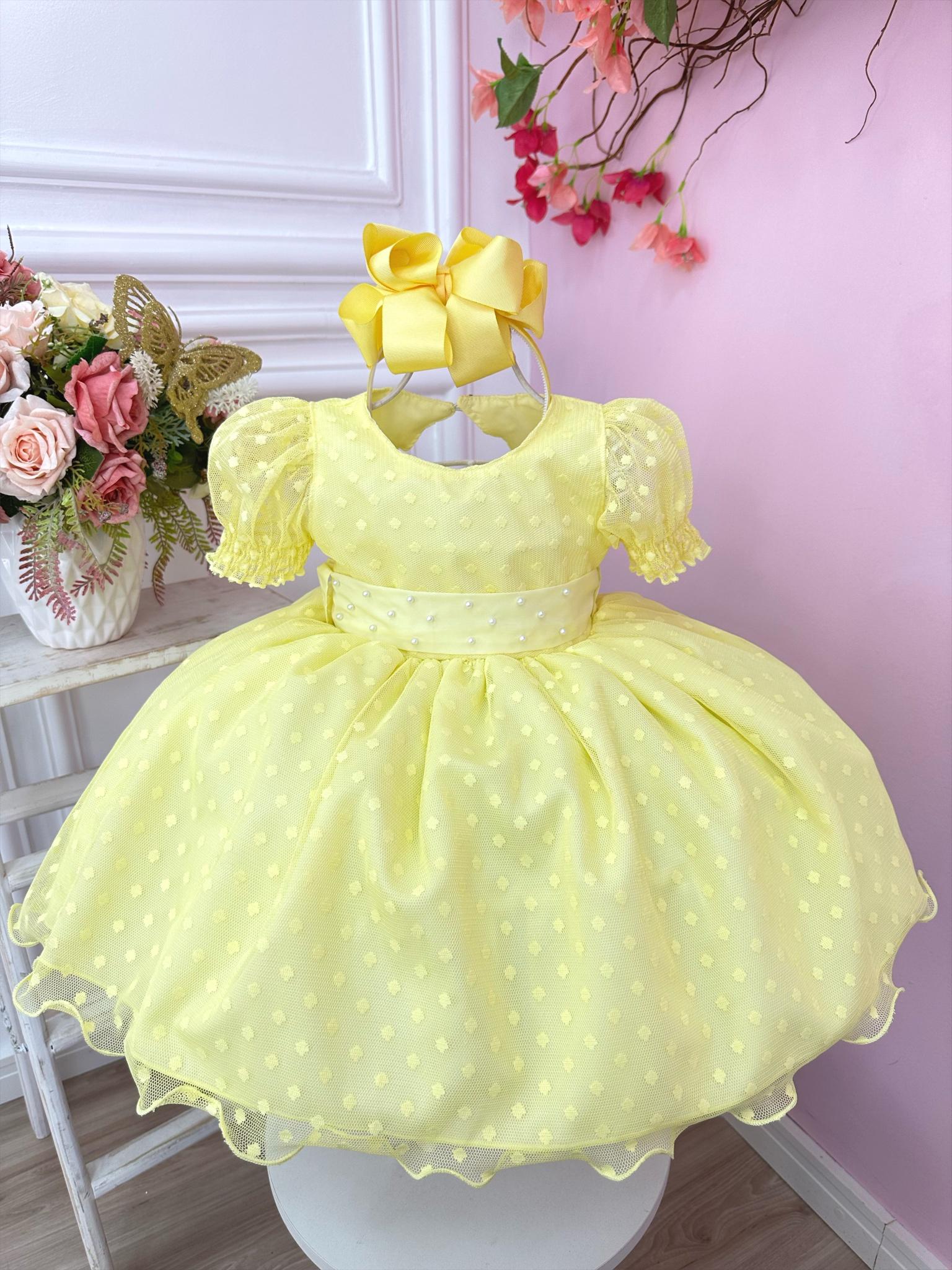 Vestido Bebê Amarelo Com Poá e Pérolas Batizados Festas