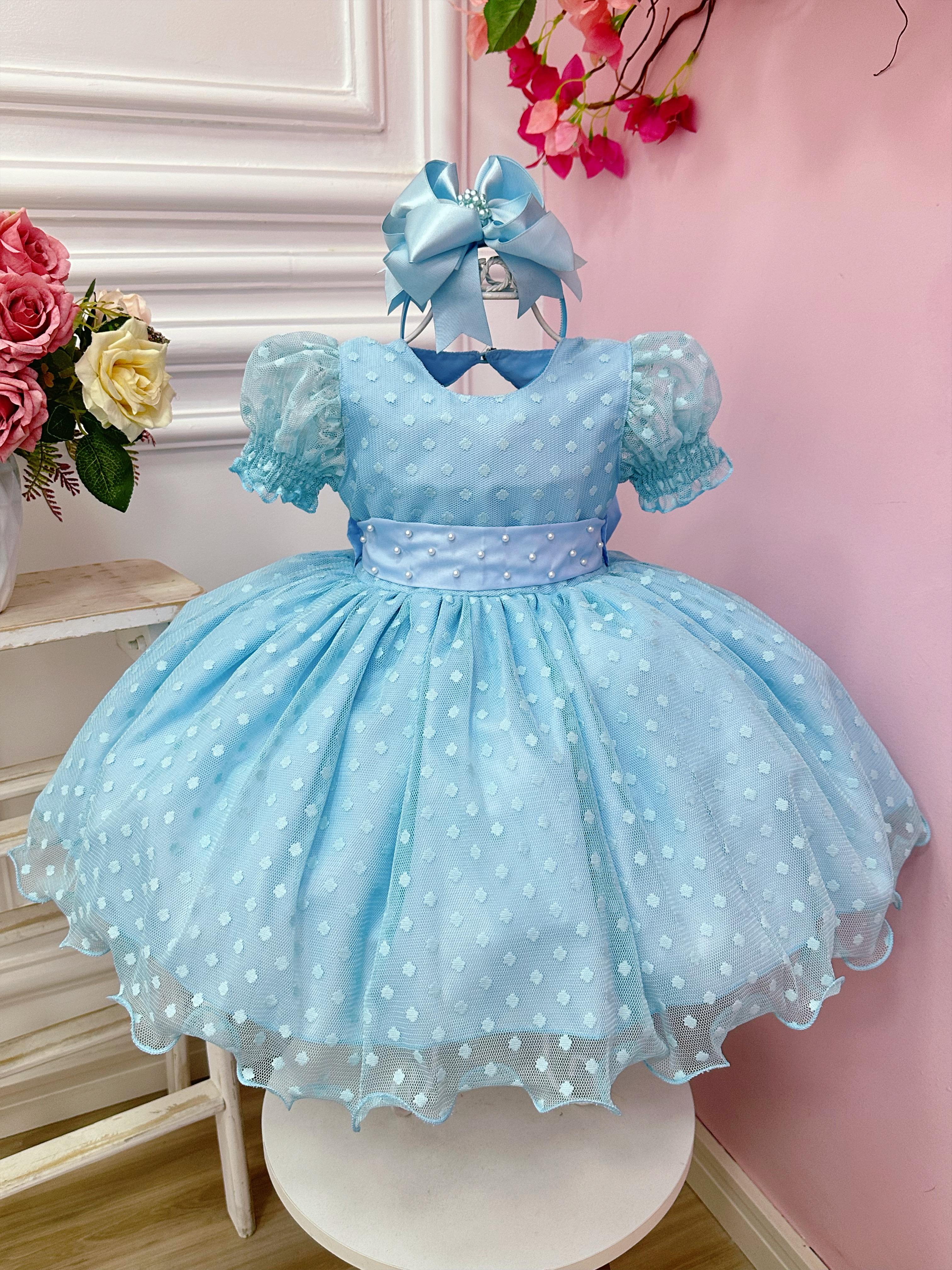 Vestido Bebê Azul Claro Com Poá e Pérolas Batizados Festas