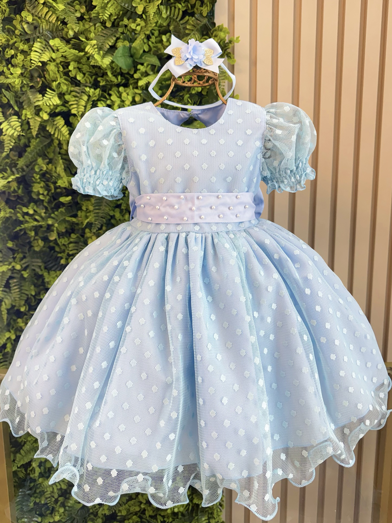 Vestido Bebê Azul Claro Com Poá e Pérolas Batizados Festas