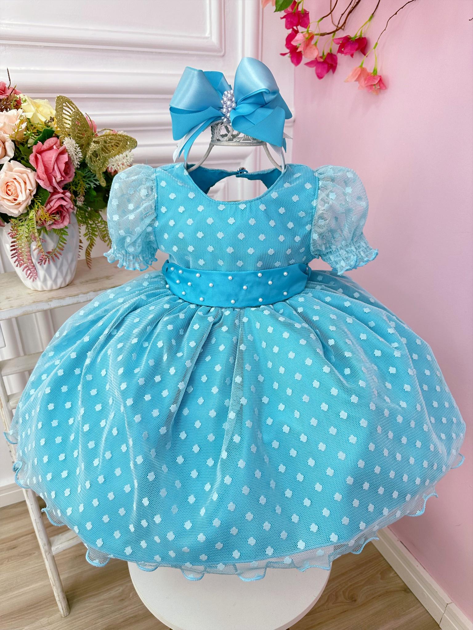 Vestido Bebê Azul Com Poá e Pérolas Batizados Festas