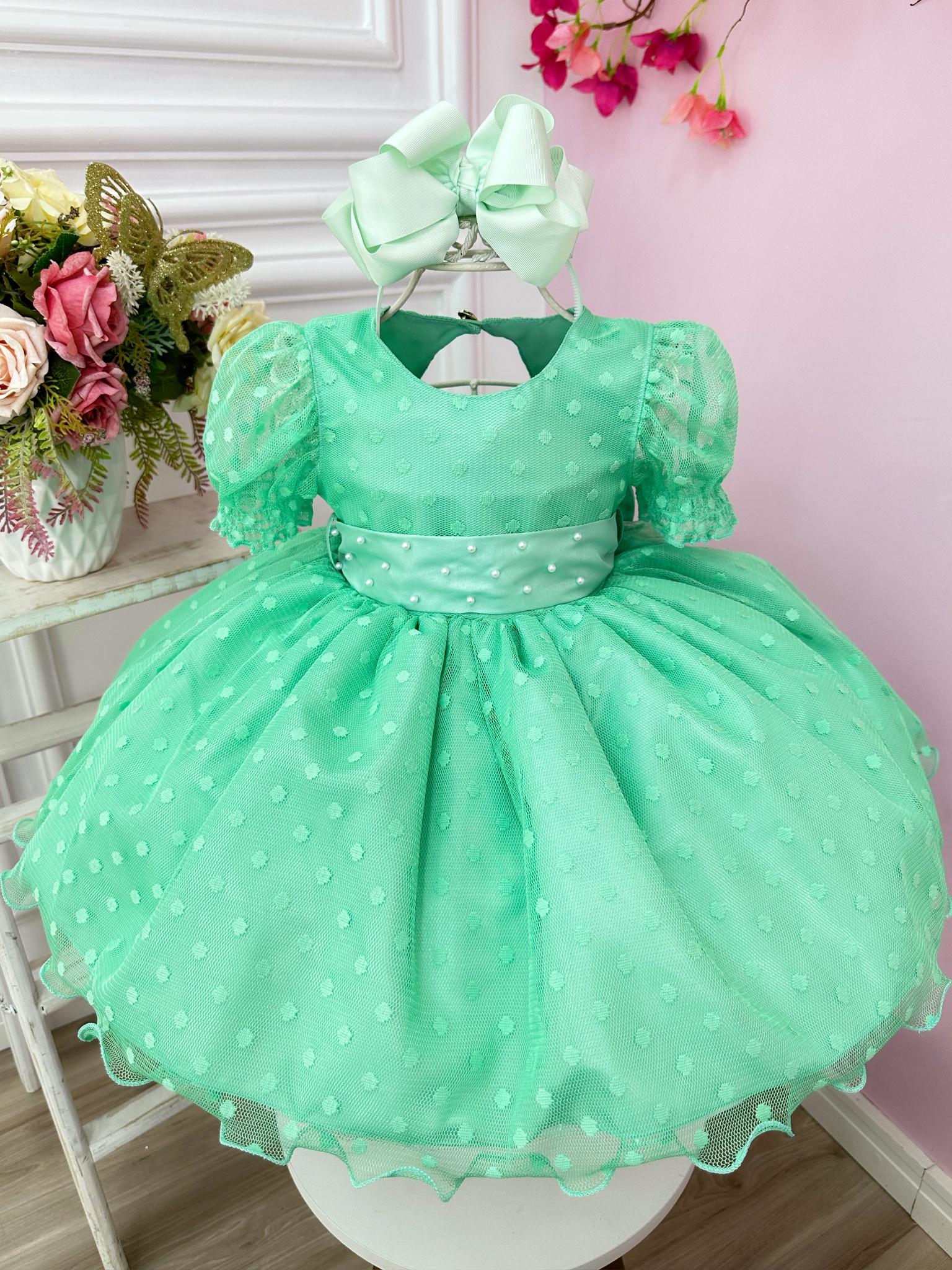 Vestido Bebê Verde Com Poá e Pérolas Batizados Festas