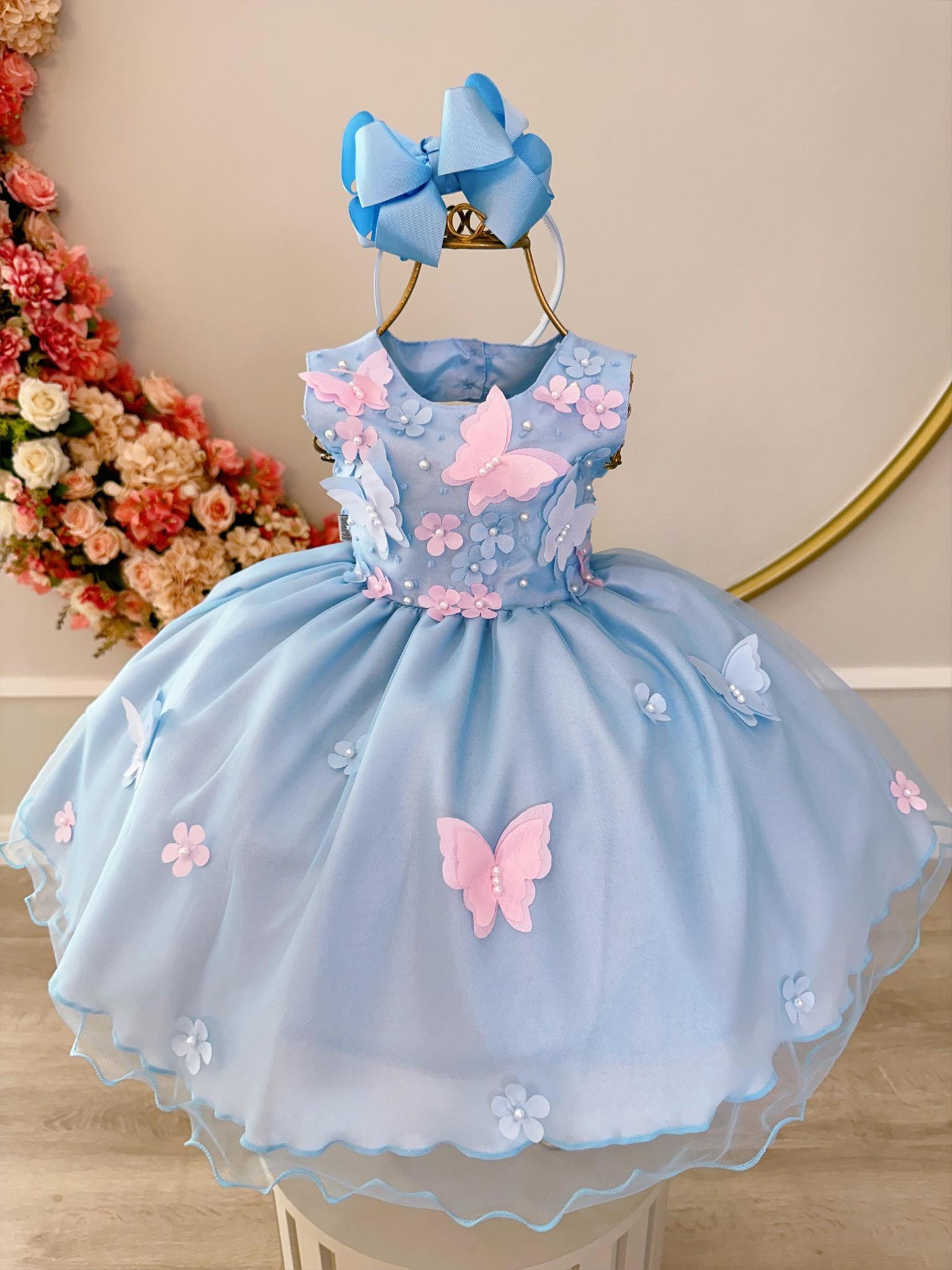 Vestido Infantil Bebê Azul C/ Aplique de Borboletas e Flores