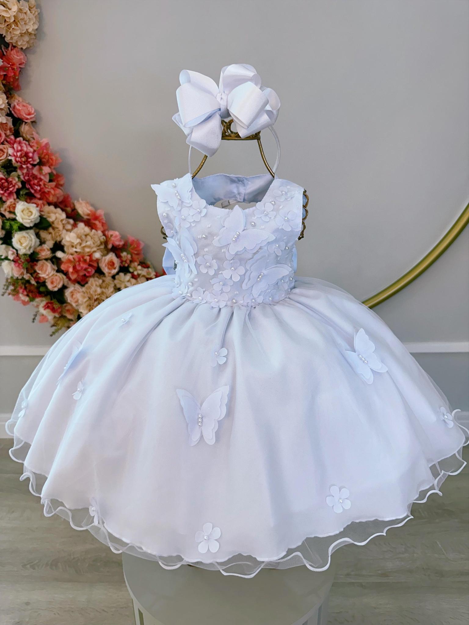 Vestido Infantil Bebê Branco C/ Aplique de Borboletas e Flores