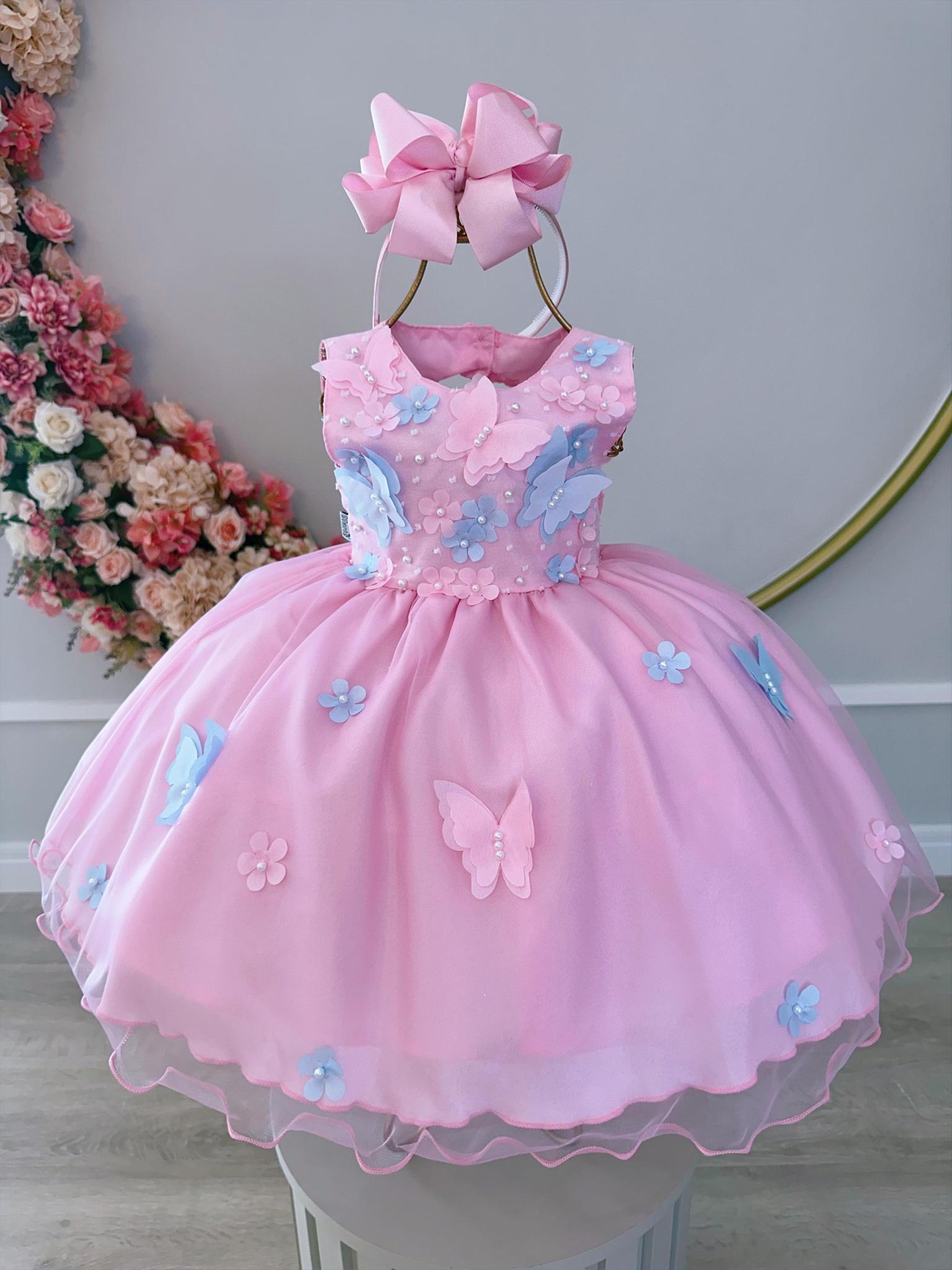 Vestido Infantil Bebê Rosa C/ Aplique de Borboletas e Flores