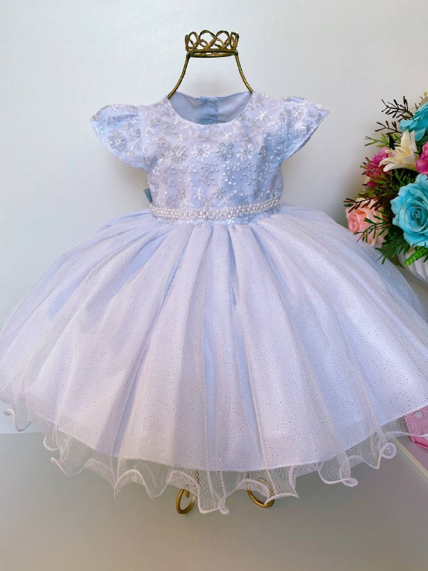 Vestido Infantil Branco Batizado Renda e Pérolas Luxo