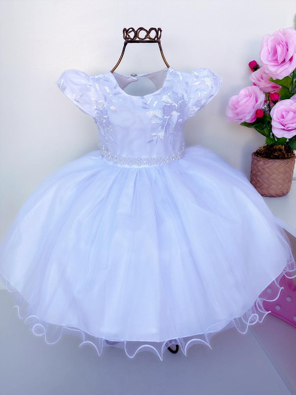 Vestido Infantil Branco Batizado Renda Luxo Princesas Festa