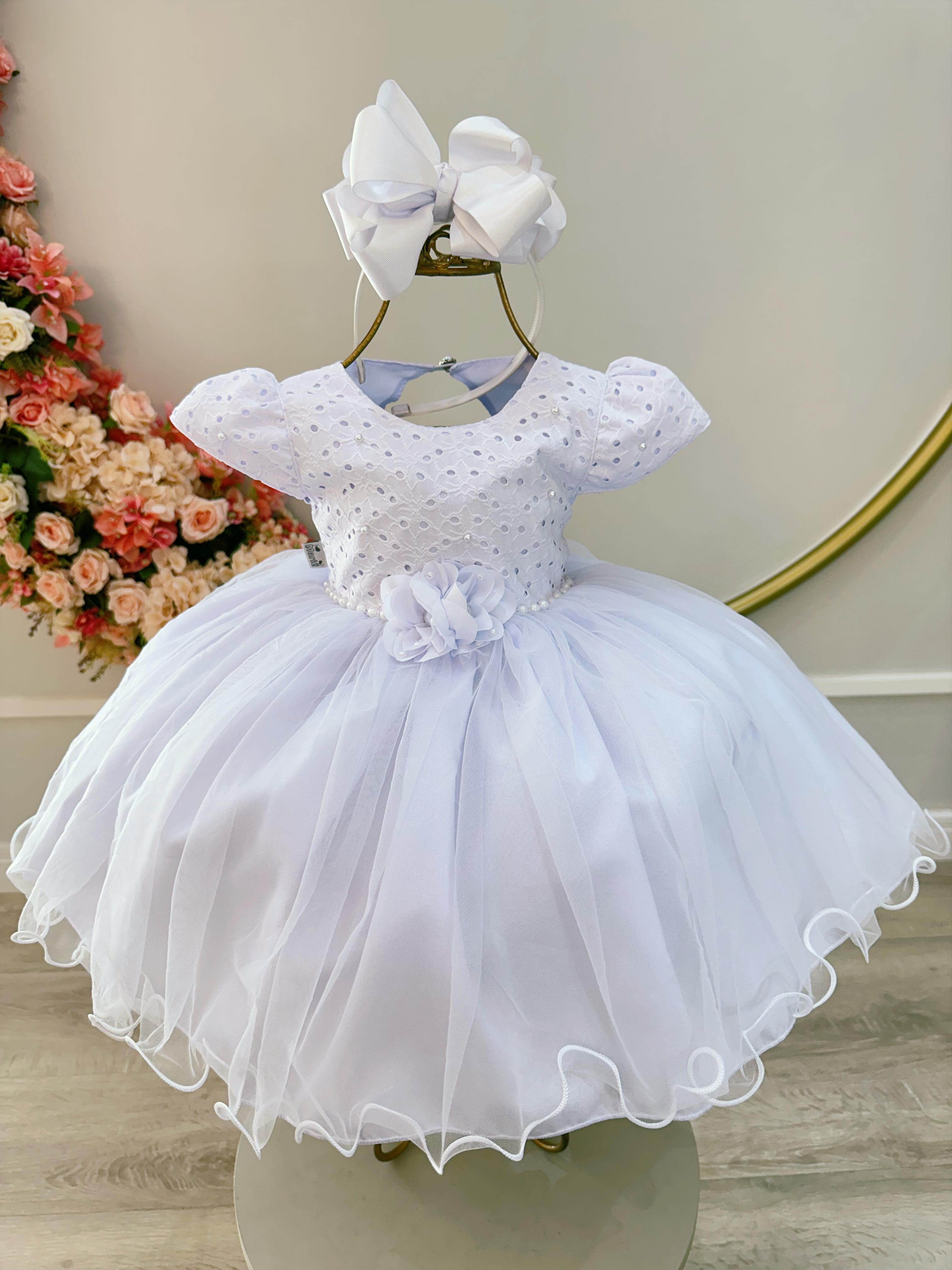 Vestido Infantil Branco Laise Aplique Flor Pérolas Batizado