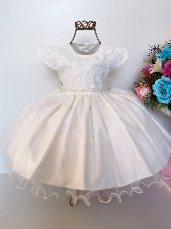 Vestido Infantil Marfim Batizado Renda e Pérolas Luxo