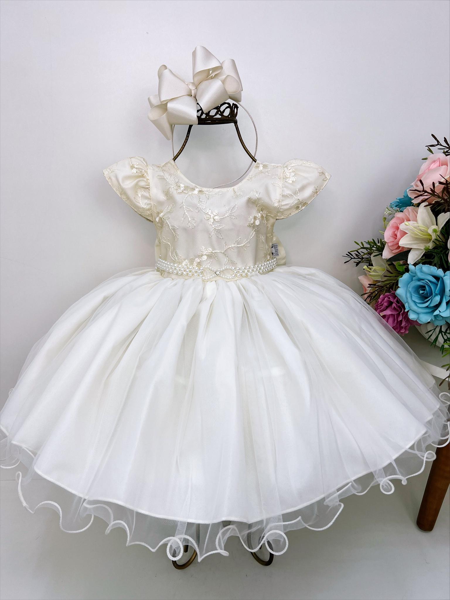 Vestido Infantil Marfim Busto Renda C/ Pérolas Batizado