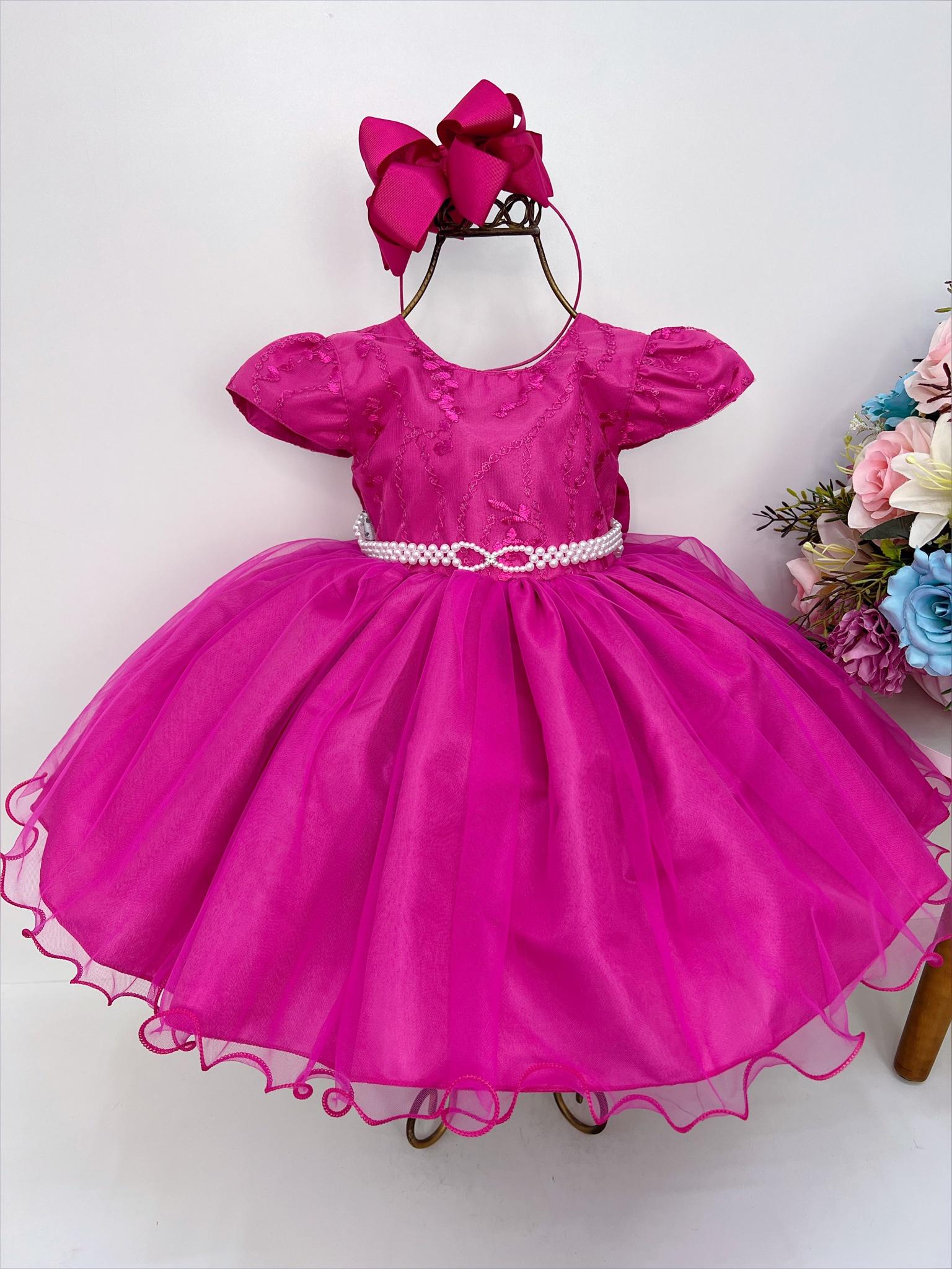 Vestido Infantil Pink Busto Renda C/ Pérolas Batizado