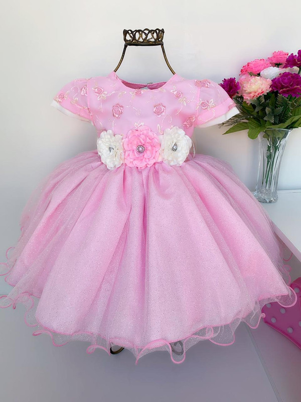 Vestido Infantil Rosa Bebê Luxo Festa Aniversário Princesa