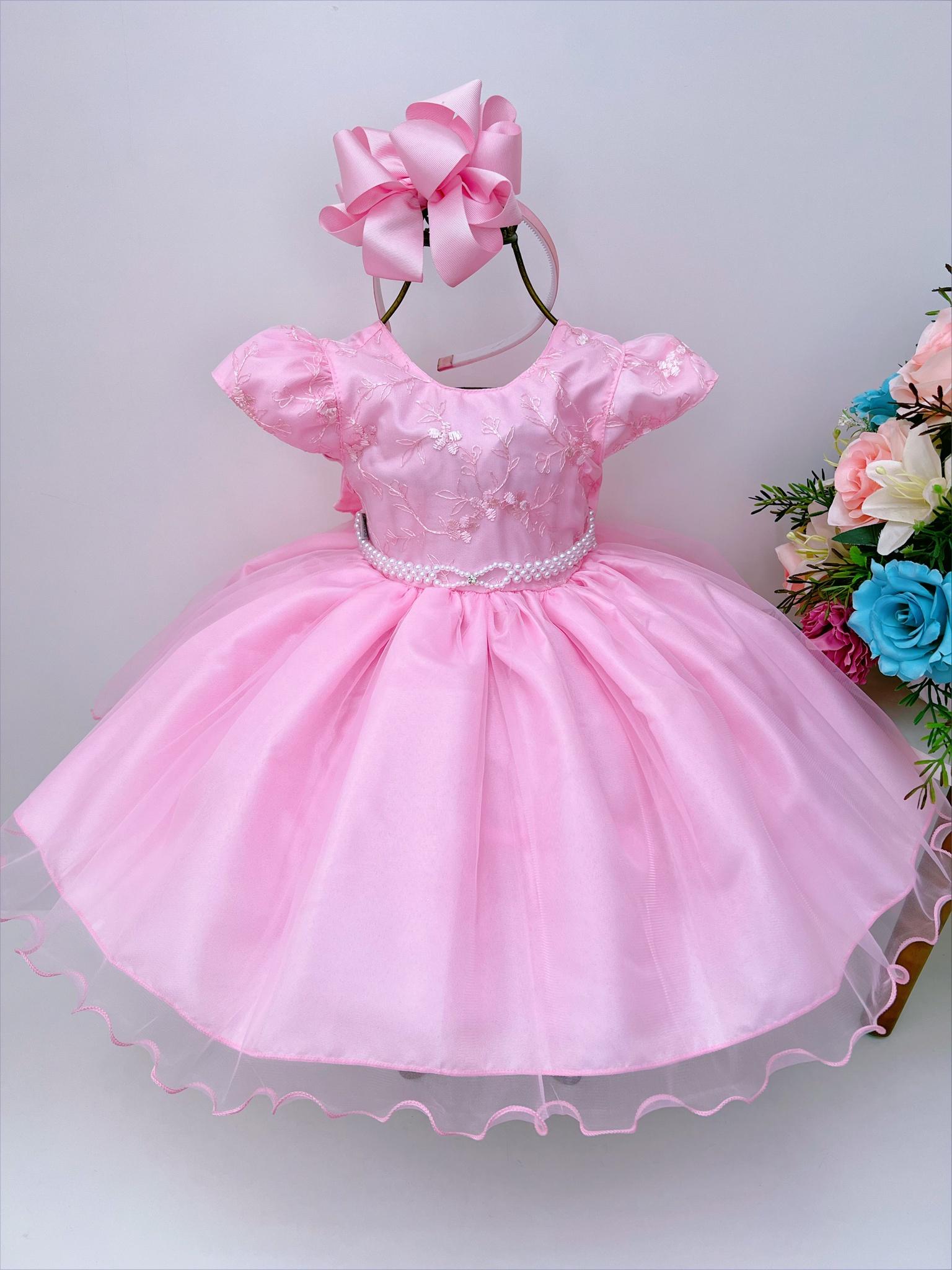 Vestido Infantil Rosa Busto C/ Renda e Pérolas Batizado