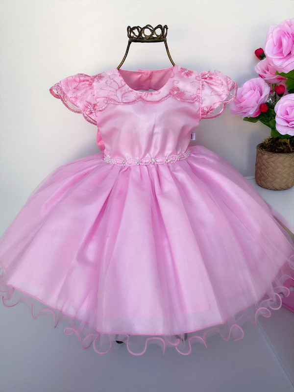 Vestido Infantil Rosa Rendado Cinto Pérolas Luxo Festas