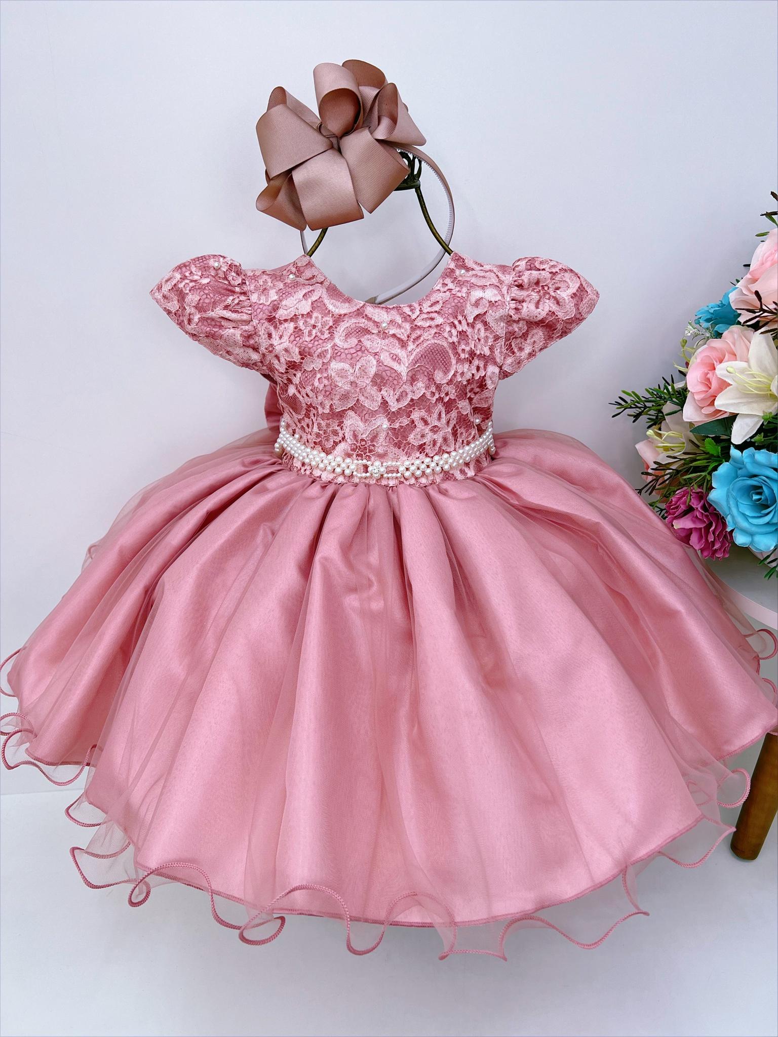 Vestido Infantil Rose Busto C/ Renda e Pérolas Batizado
