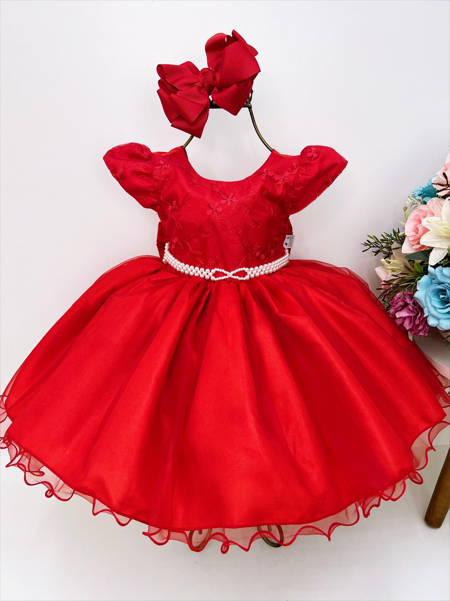 Vestido Infantil Vermelho Busto C/ Renda e Pérolas Batizado