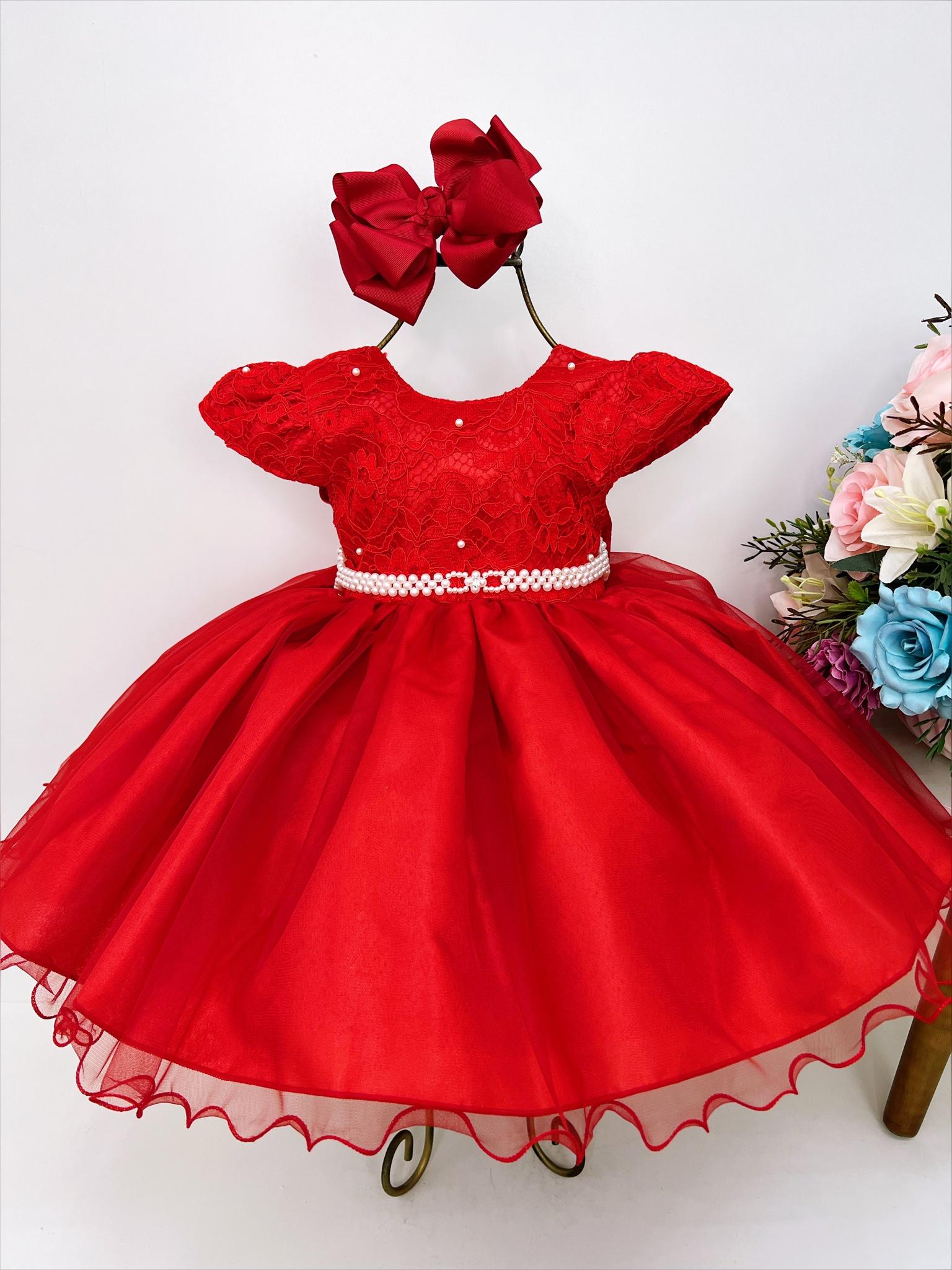 Vestido Infantil Vermelho Busto Renda C/ Pérolas Batizado