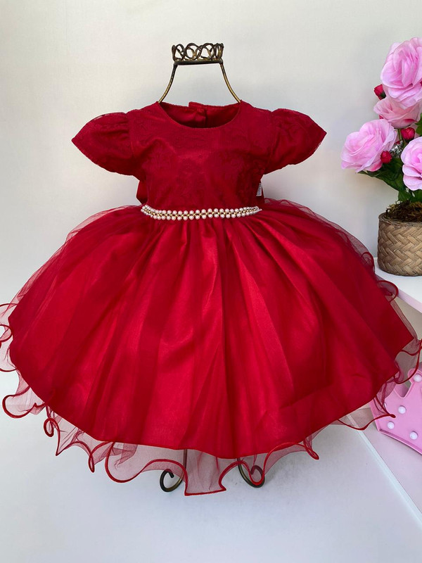 Vestido Infantil Vermelho Renda Luxo Princesas Cinto Pérolas