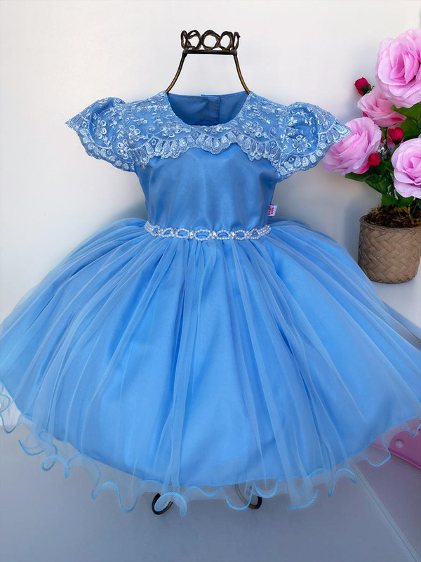 Vestido Infantil Azul Rendado Cinto Pérolas Luxo Festas