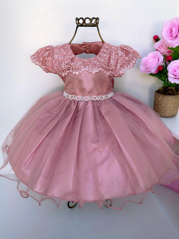 Vestido Infantil Rosê Rendado Cinto Pérolas Luxo Festas