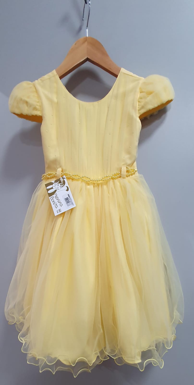 Vestido Infantil Amarelo Cinto de Pérolas Casamentos Festas