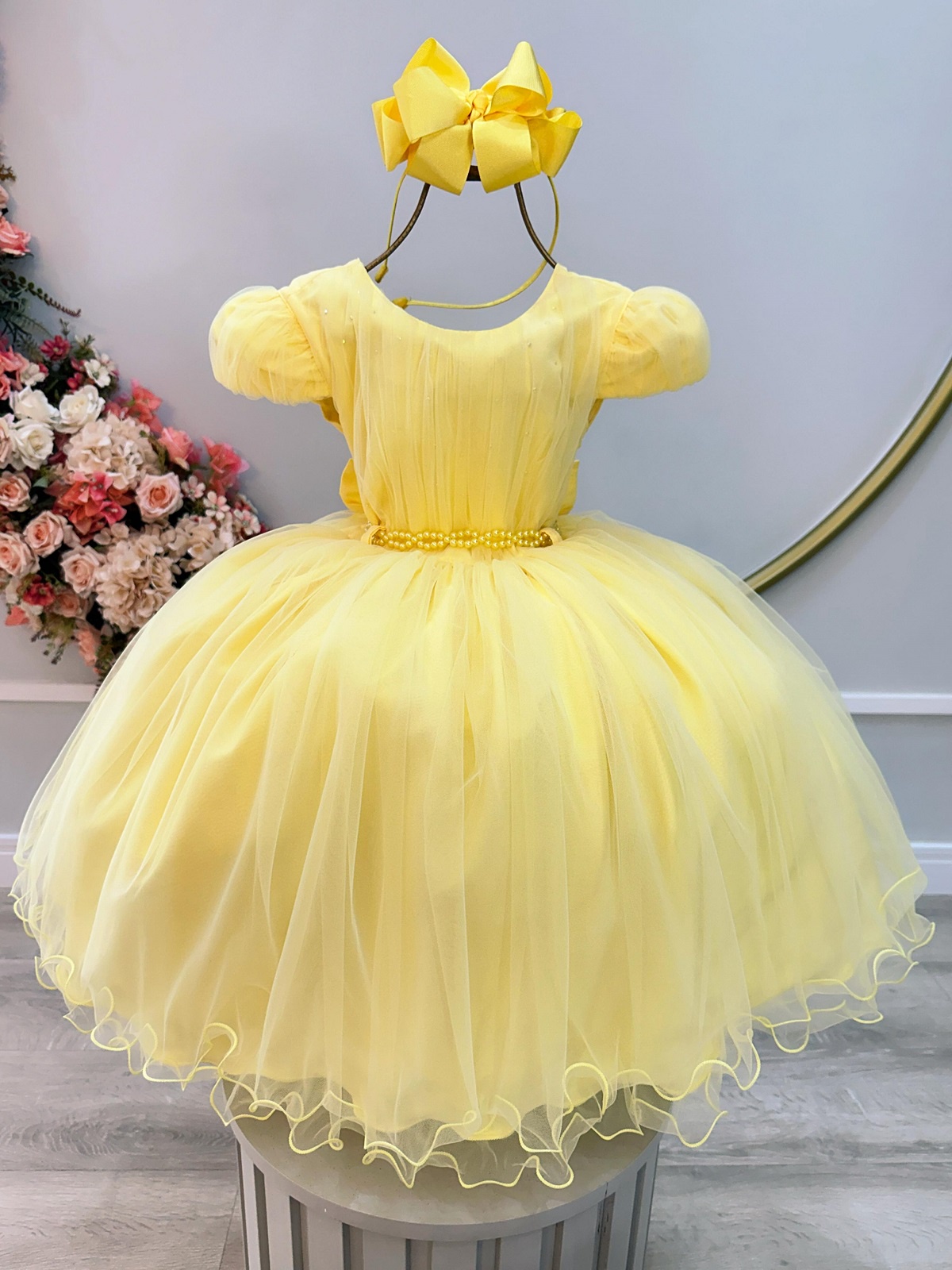 Vestido Infantil Amarelo Cinto de Pérolas Casamentos Festas