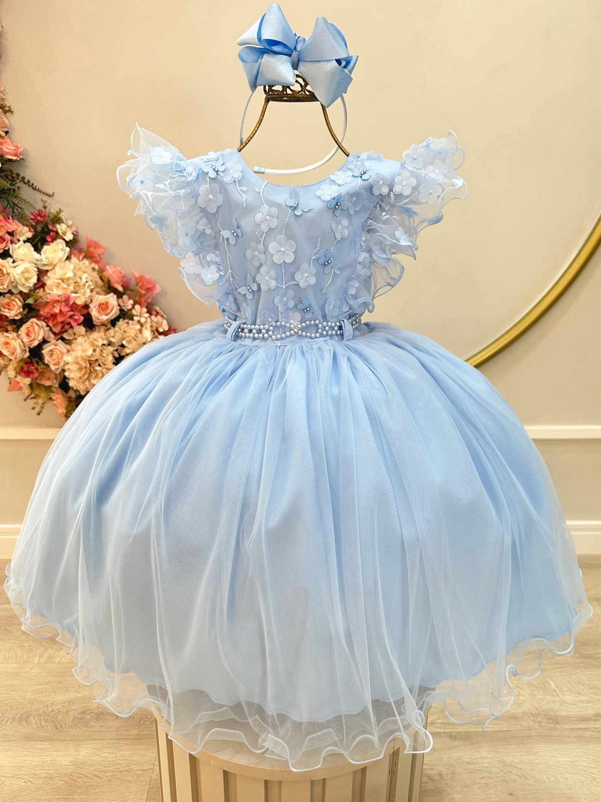 Vestido Infantil Azul Claro Com Renda Casamentos Festas