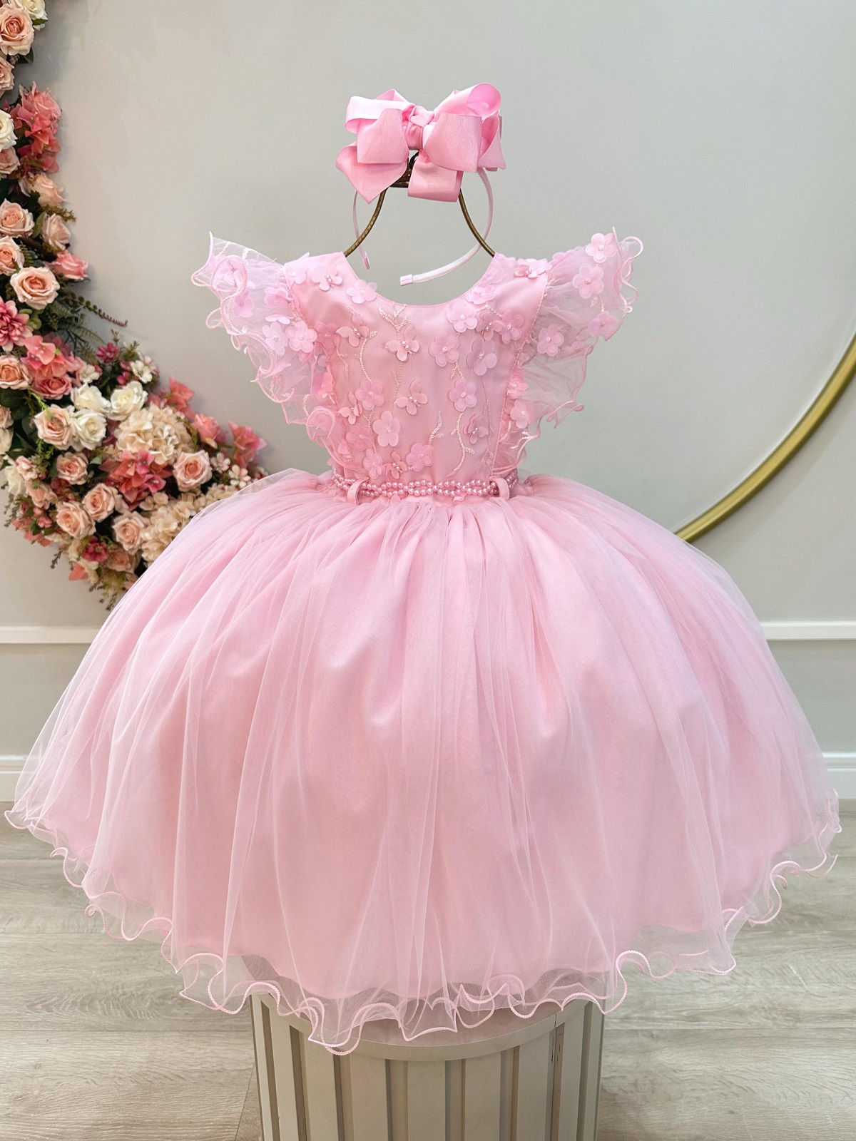Vestido Infantil Rosa Claro Com Renda Festas Daminhas