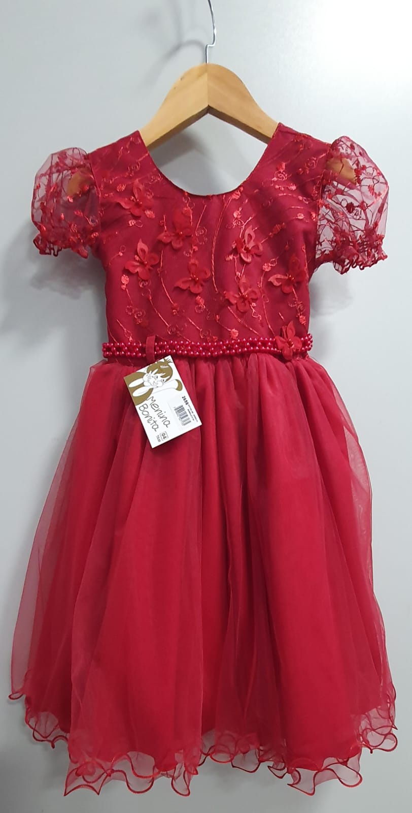 Vestido Infantil Vermelho Escuro Com Renda Daminhas Festas