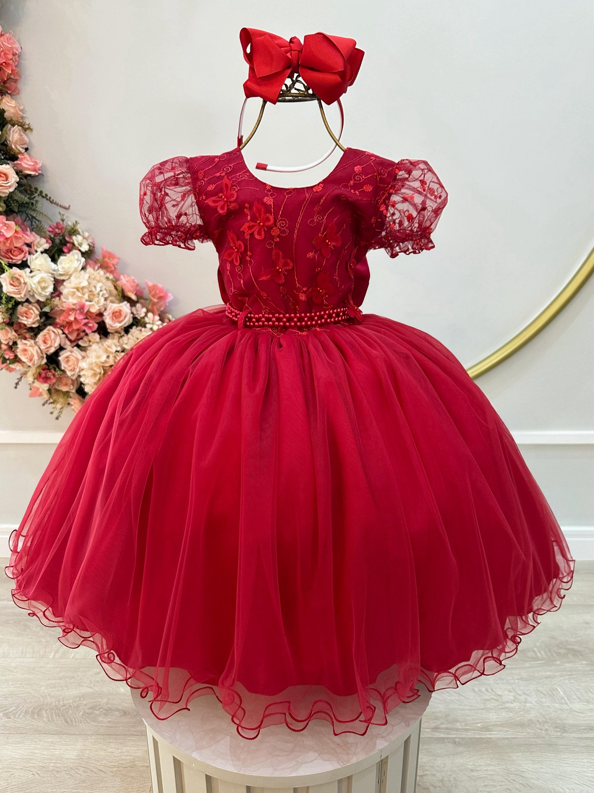 Vestido Infantil Vermelho Escuro Com Renda Daminhas Festas