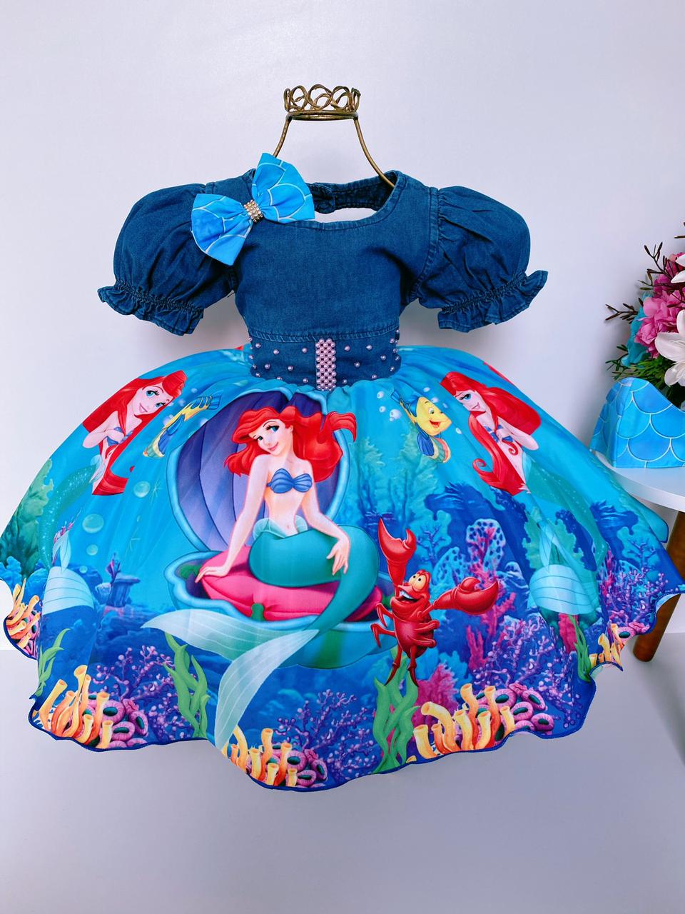Vestido Infantil Ariel Princesa Jeans Com Pérolas