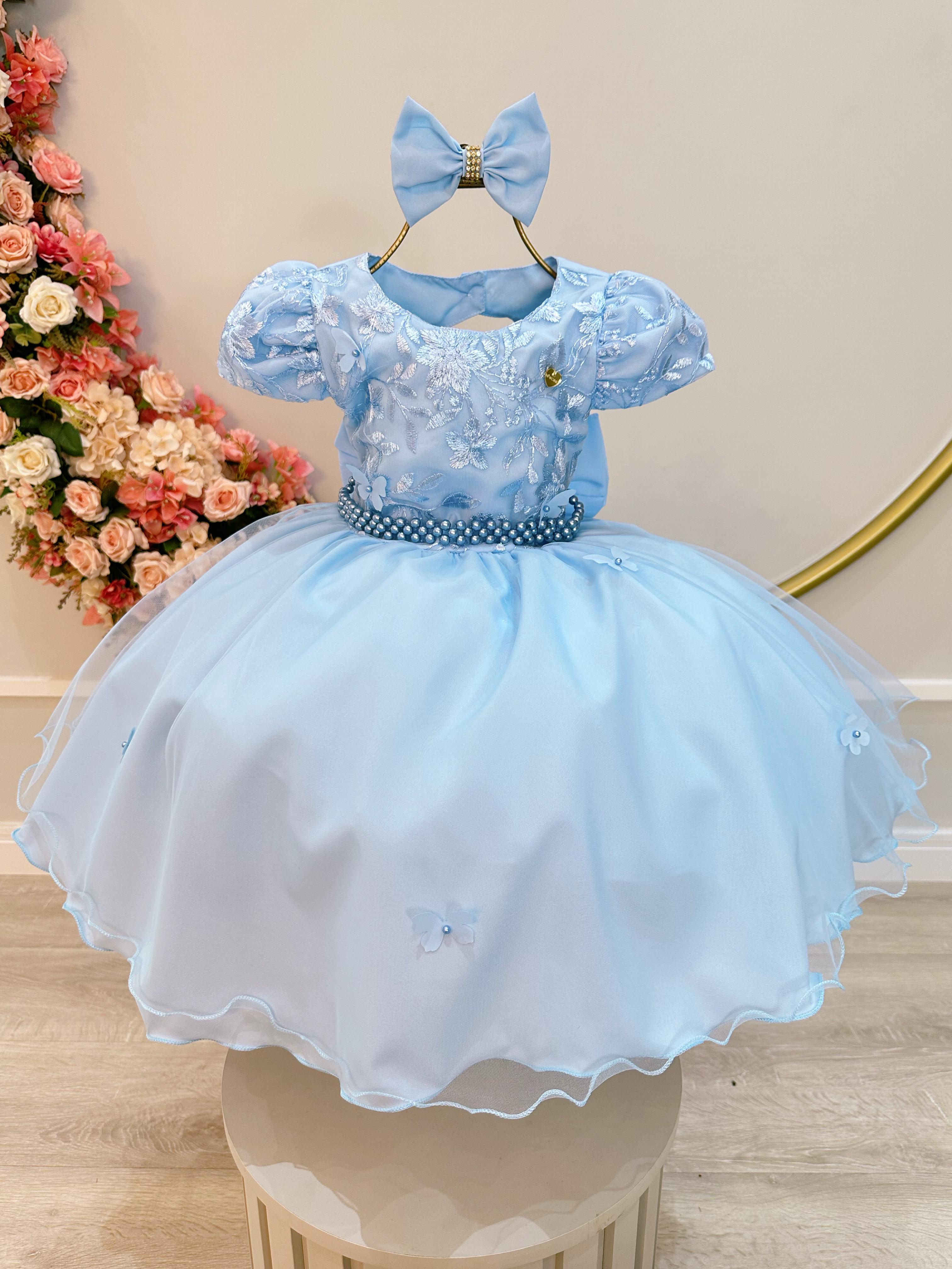 Vestido Infantil Azul Claro Busto C/ Renda Laço Daminhas