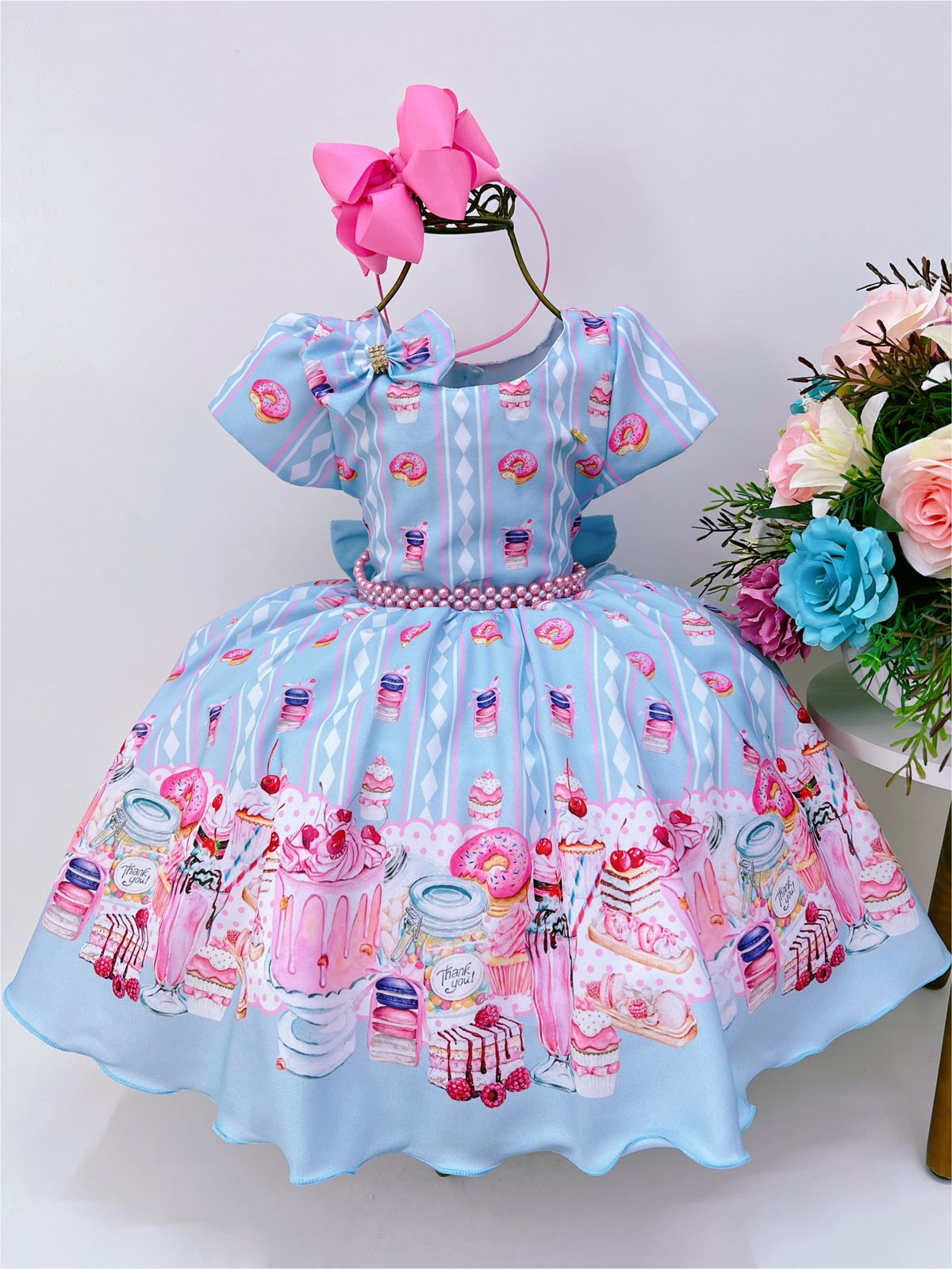 Vestido Infantil Azul Festa dos Doces C/ Laço Cinto Pérolas