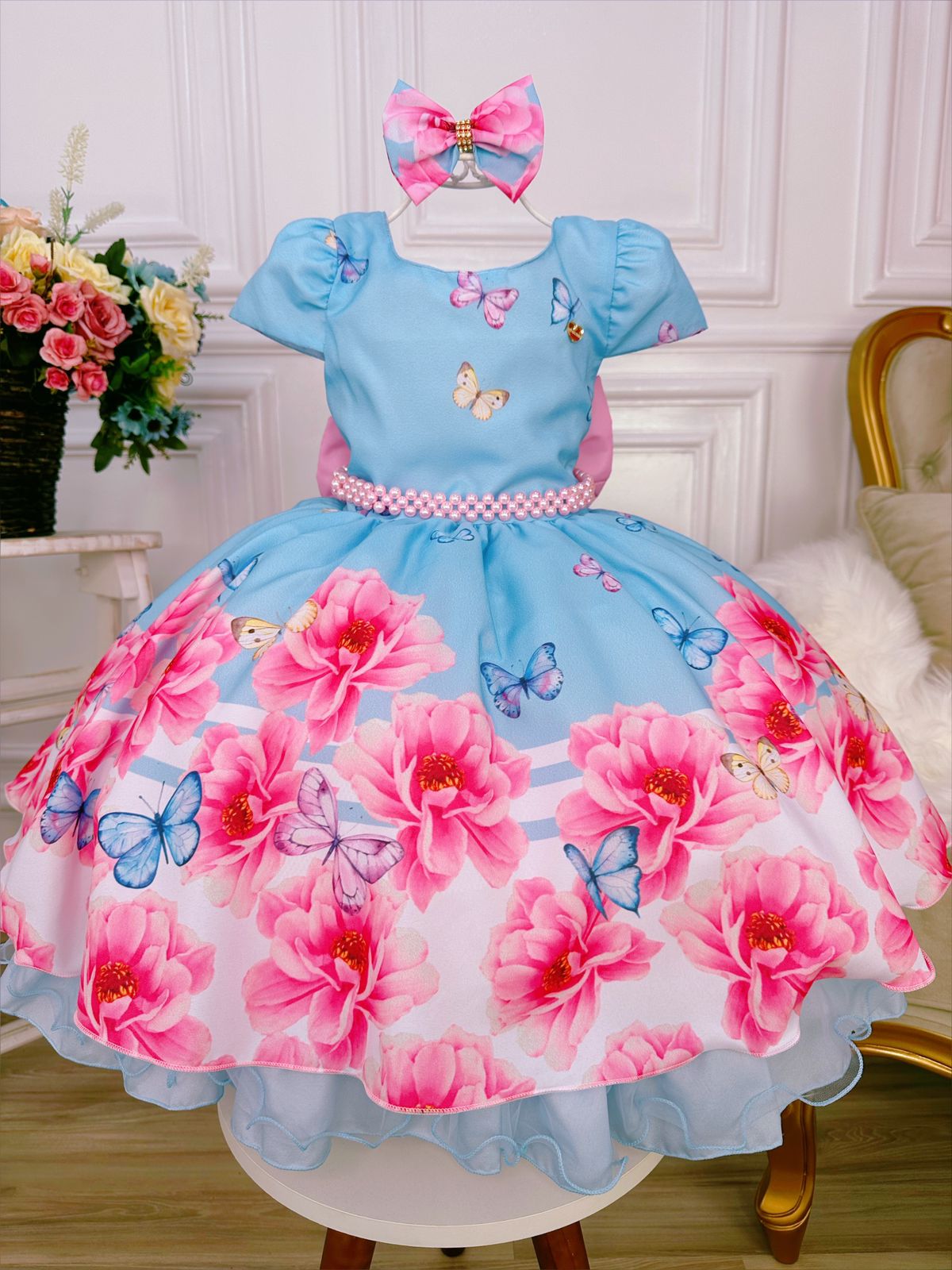 Vestido Infantil Azul Jardim das Borboletas C/ Laço Pérolas
