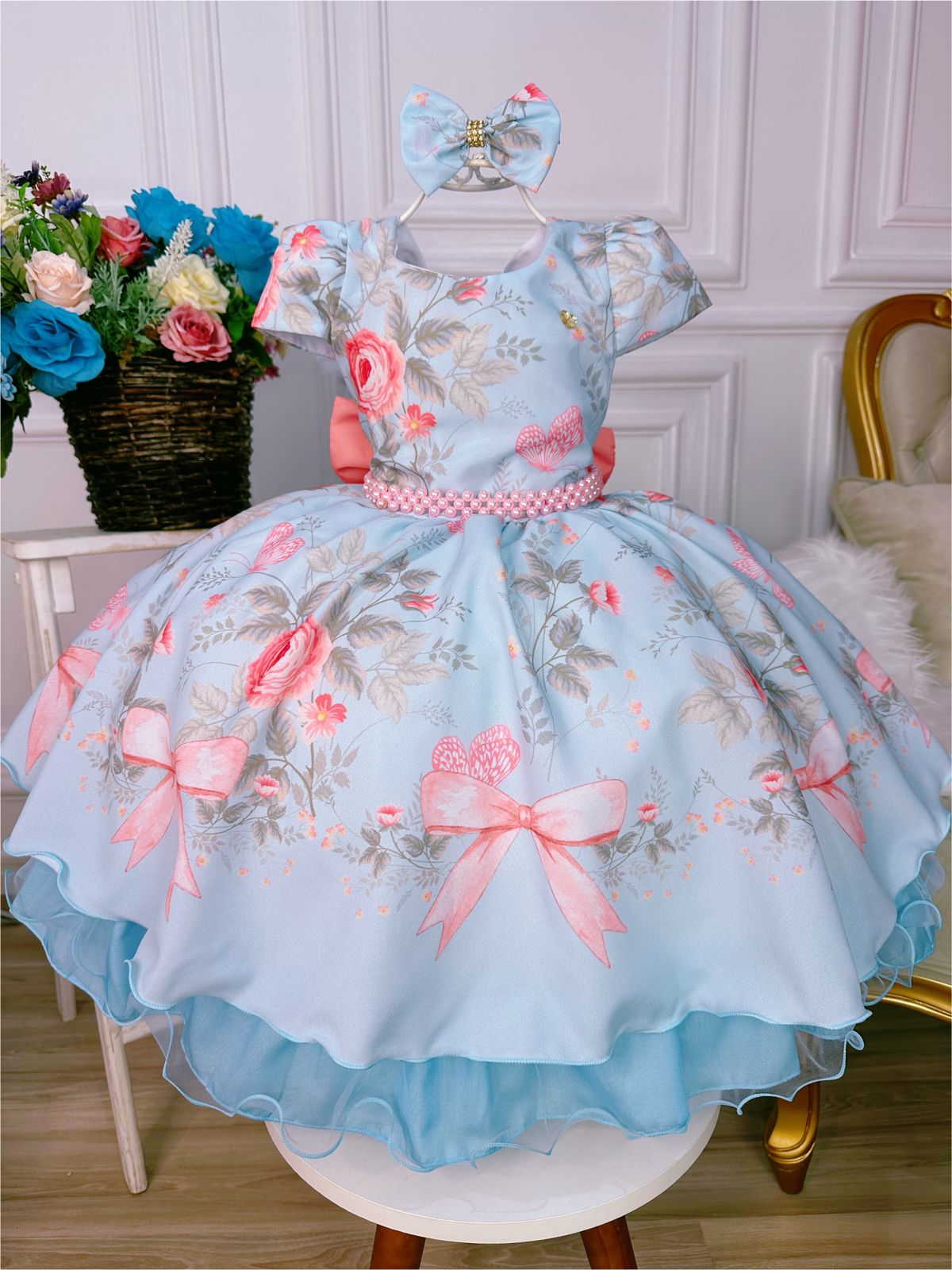 Vestido Infantil Azul Jardim das Borboletas Com Laço Pérolas