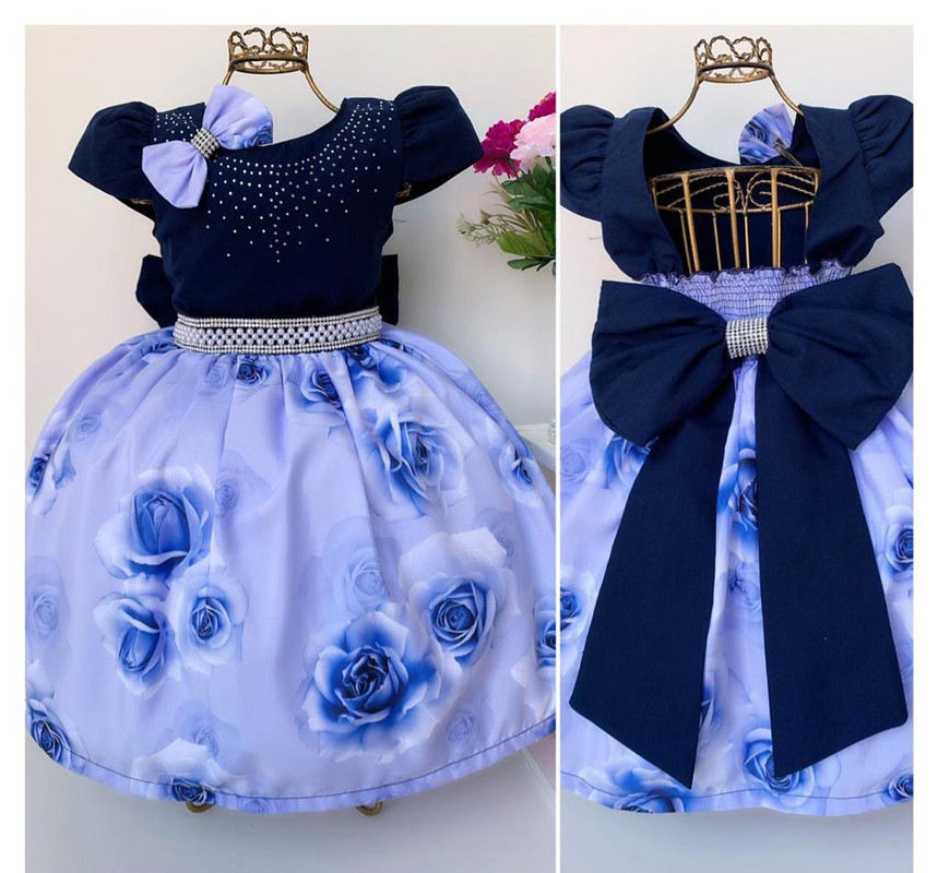 Vestido Infantil Azul Marinho Floral Cinto Pérolas e Strass
