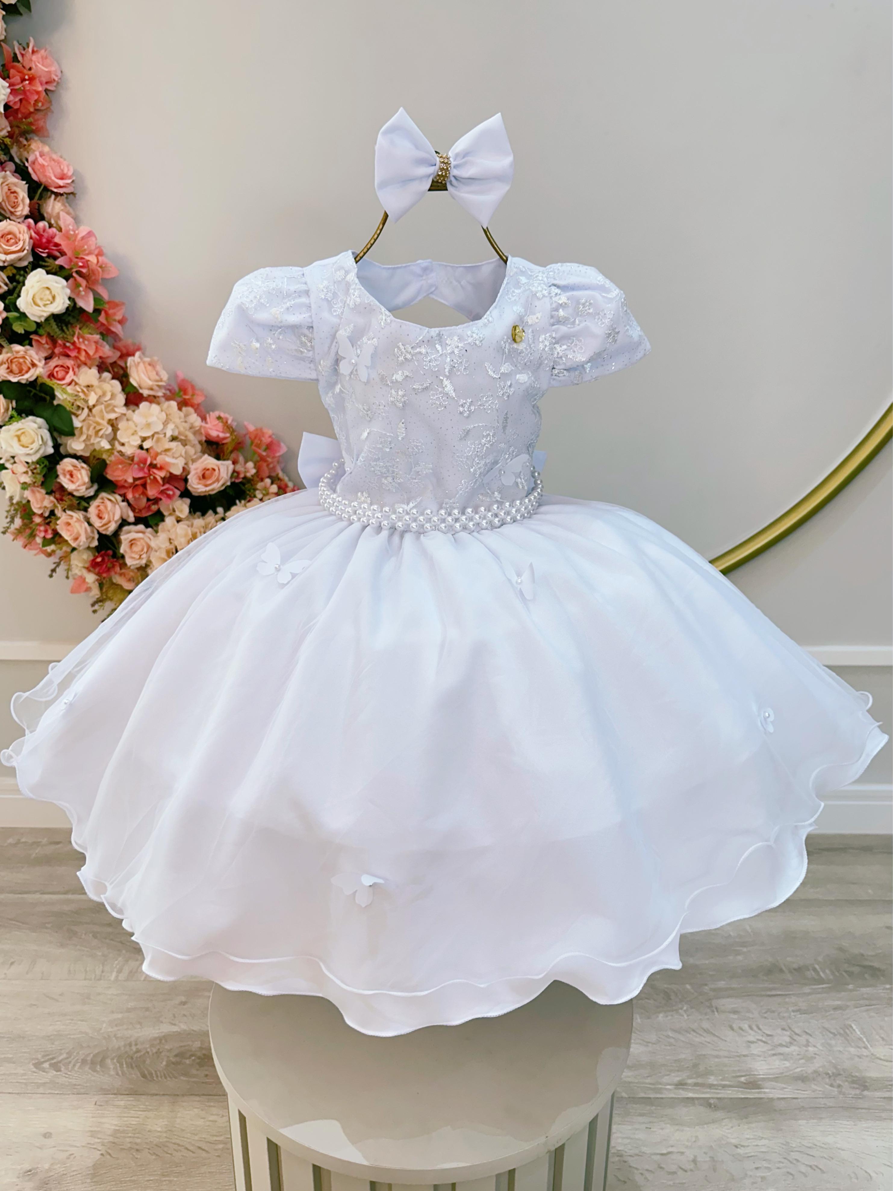 Vestido Infantil Branco Busto C/ Renda Laço Daminhas Festas