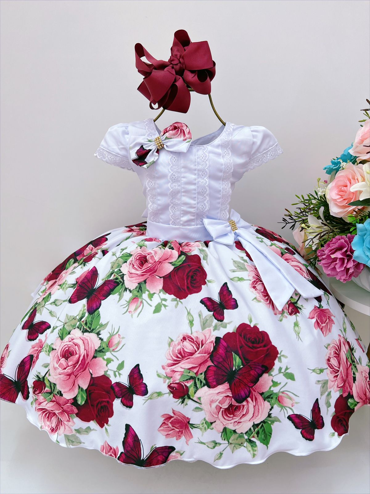 Vestido Infantil Branco C/ Borboletas Floral