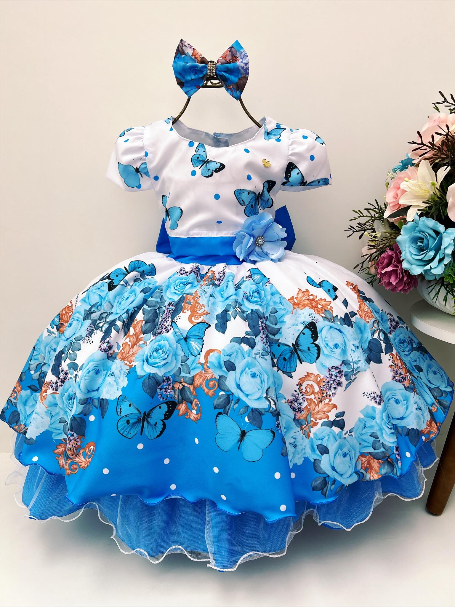 Vestido Infantil Branco Azul Jardim das Borboletas Laço Pérolas
