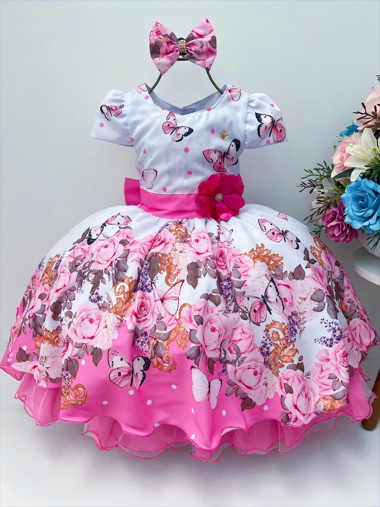 Vestido Infantil Branco Jardim das Borboletas Pérolas Laço