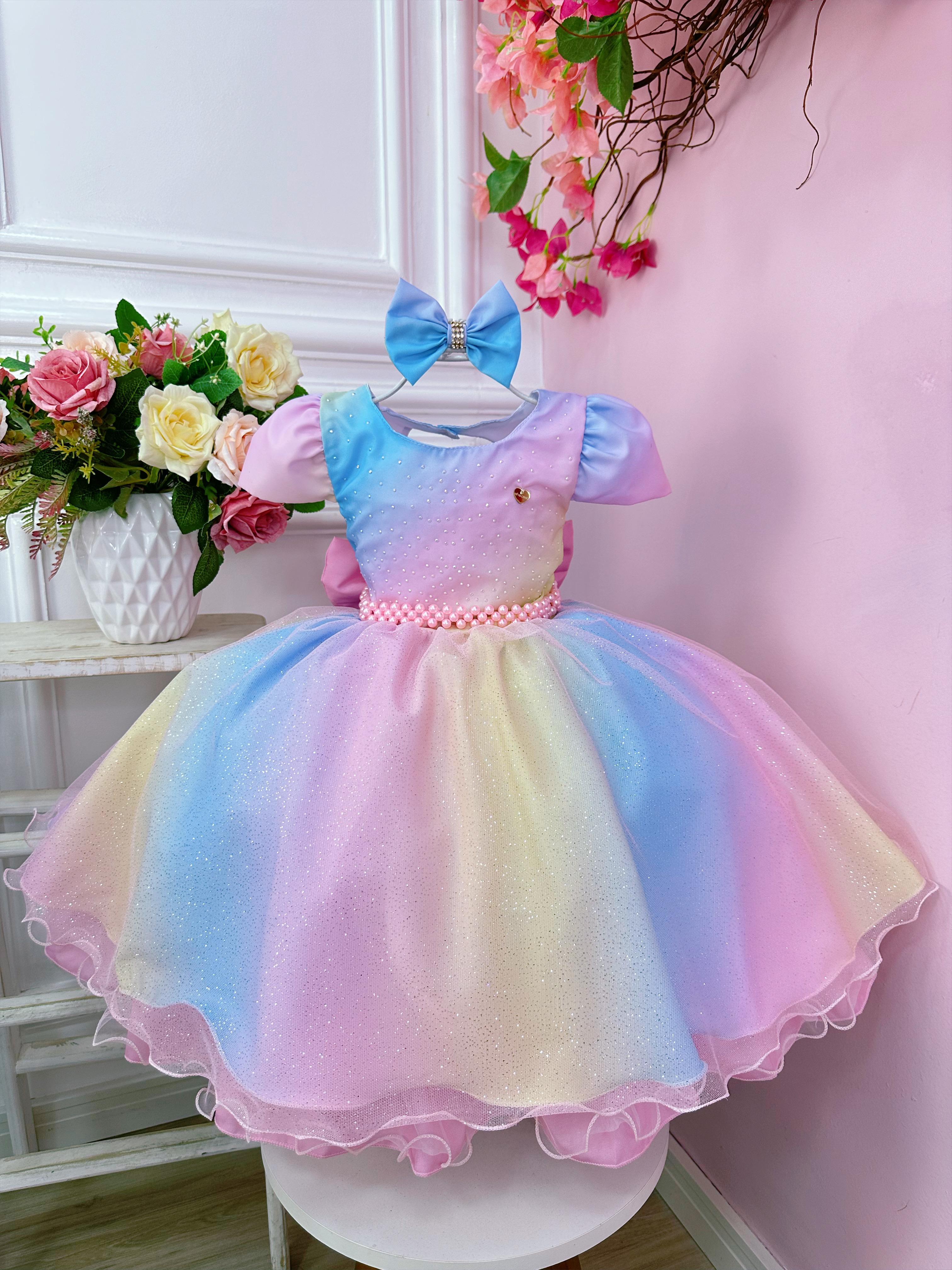 Vestido Infantil Colorido Chuva de Amor Com Strass e Laço