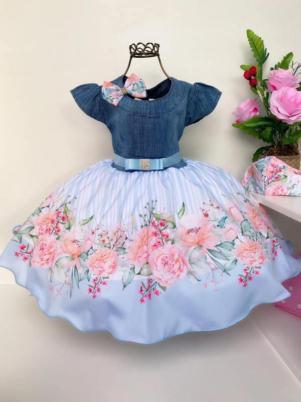 Vestido Infantil Jeans Azul Claro Jardim Floral Princesas