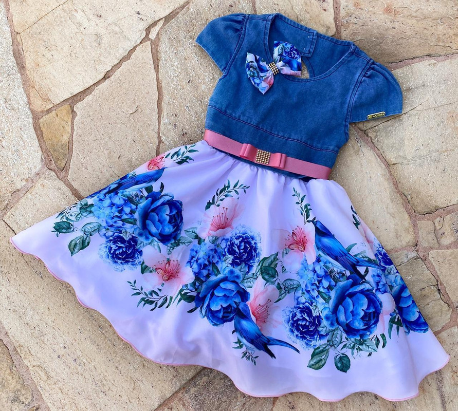 Vestido Infantil Jeans Saia Floral Azul C/ Vestido da Boneca