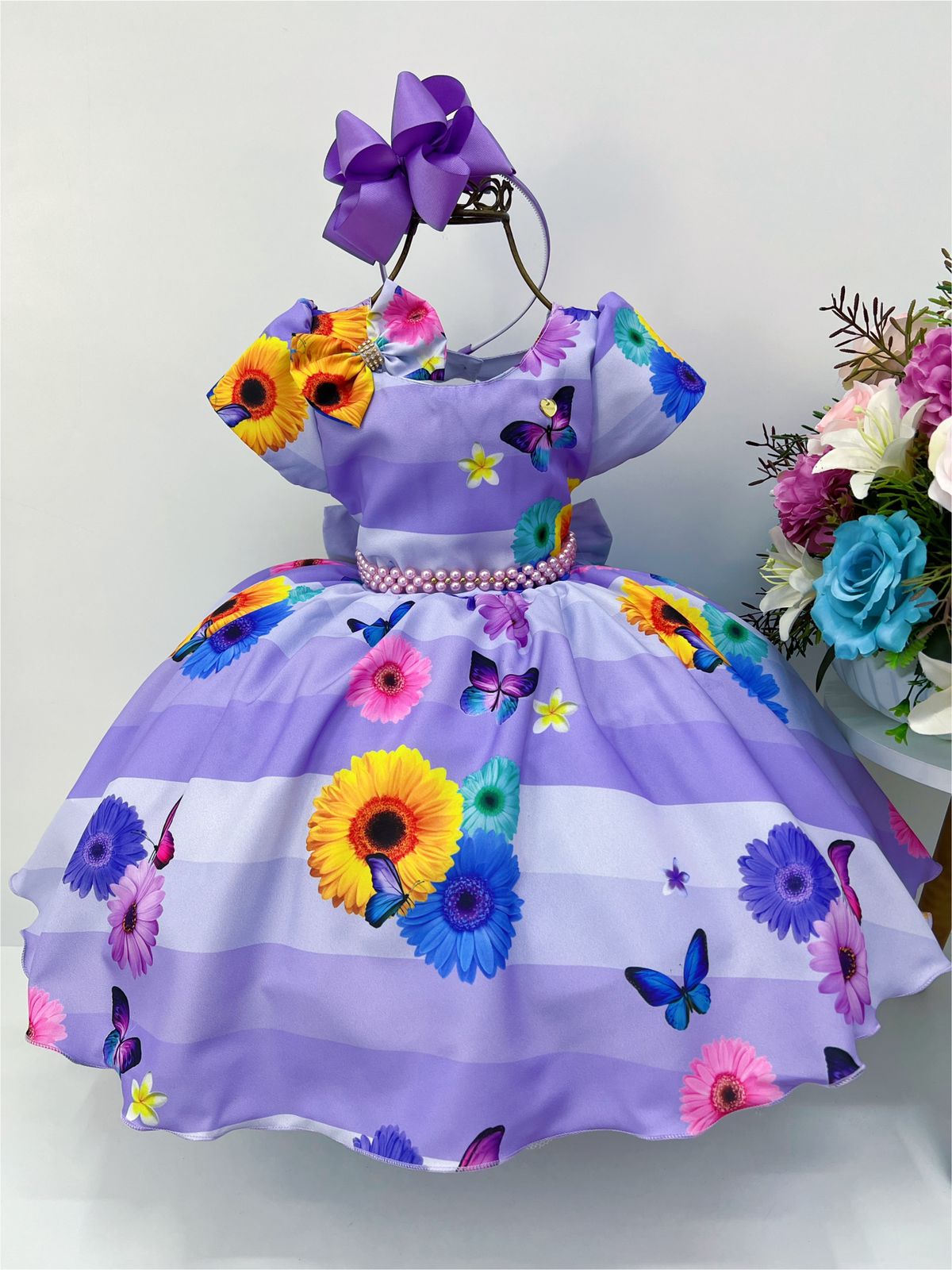 Vestido Infantil Lilás Borboletas e Flores C/ Laço