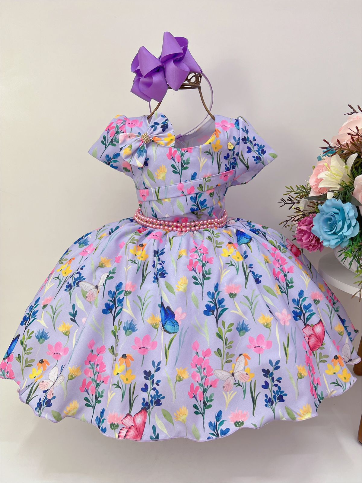 Vestido Infantil Lilás Jardim das Borboletas Laço Pérolas
