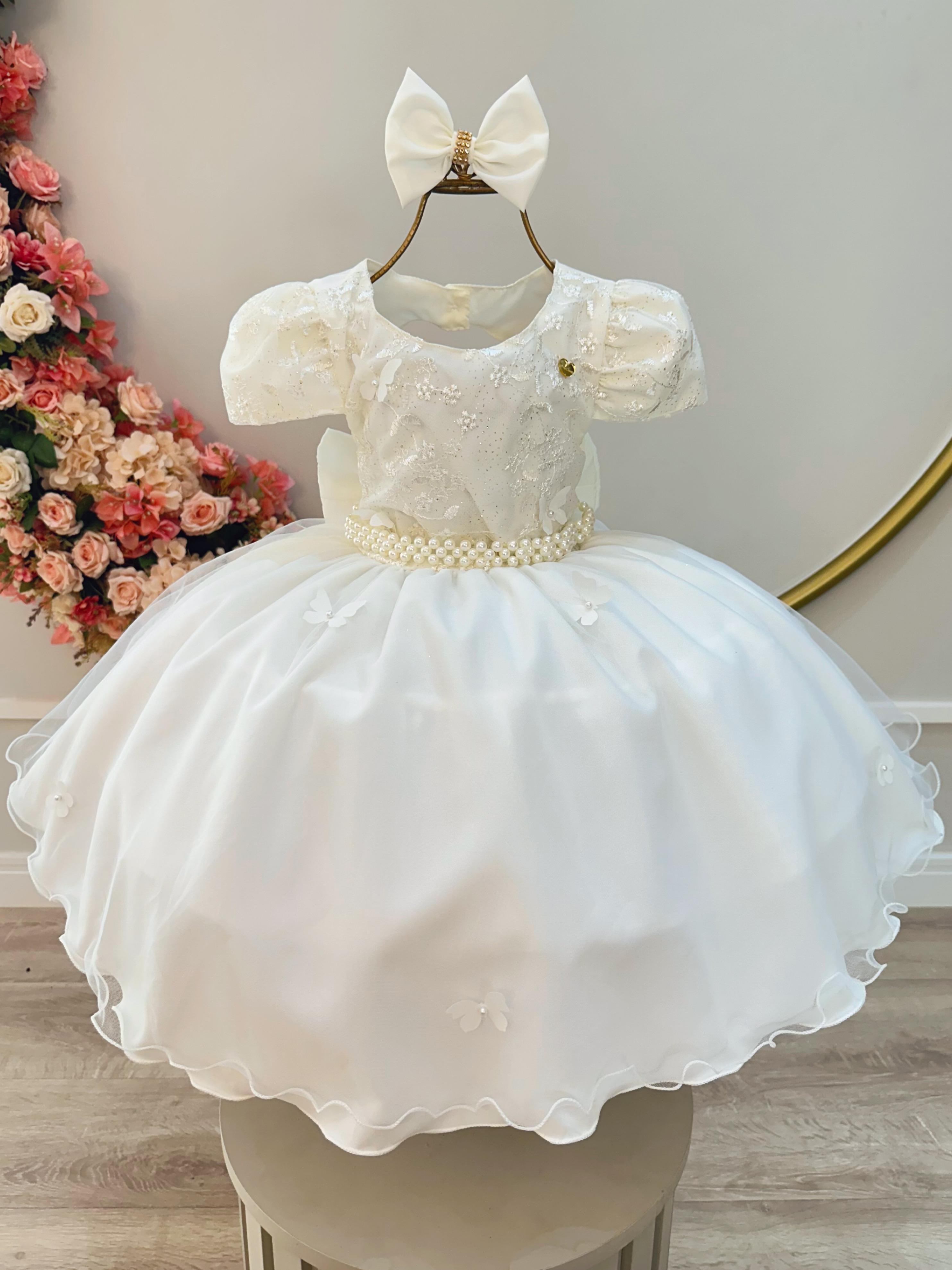 Vestido Infantil Marfim Busto C/ Renda Laço Daminhas Festas